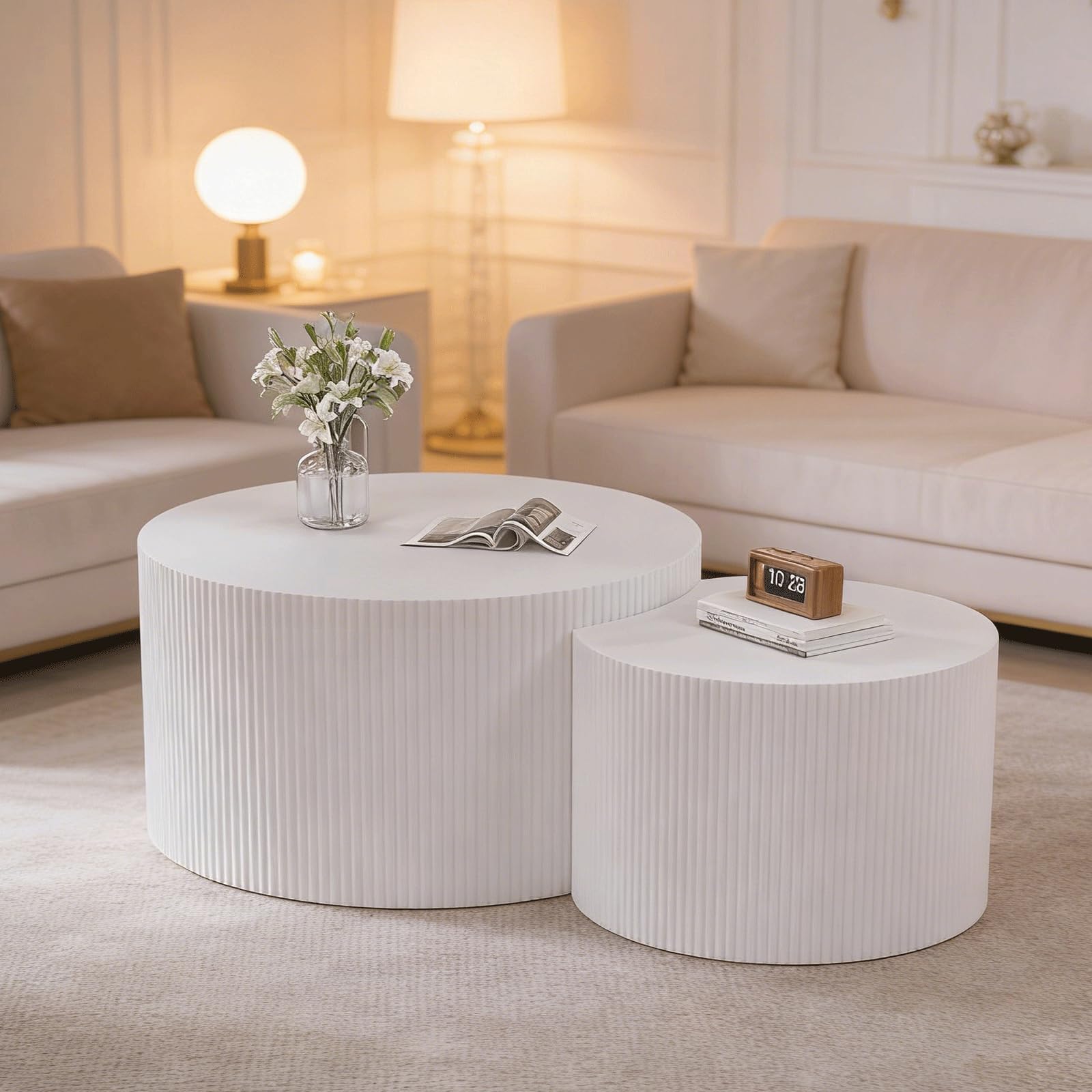 Wxnnx White Fluted Round Nesting Coffee Table Set Of 2,Drum Crescent Side Table Accent Minimalist Center Tables For Living Room, Office No Assembly Required,