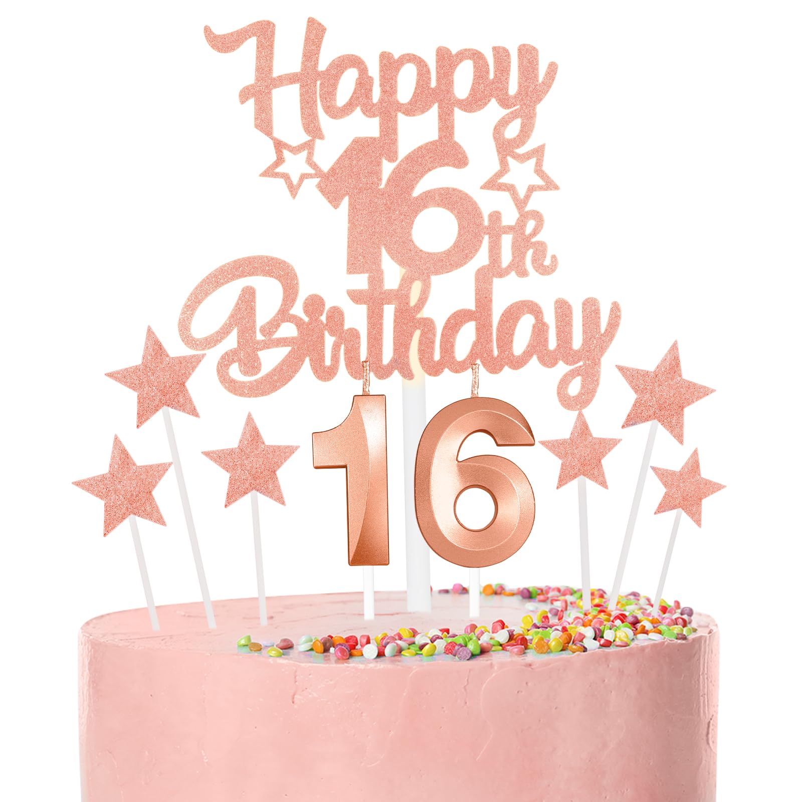 Rose Gold Happy 16th Birthday Candles Cake Topper Set,Rose Gold Number 16 Birthday Candles with Rose Gold 16th Birthday Cake Toppers Star Cupcake Toppers for Girl Women Birthday Anniversary Decor