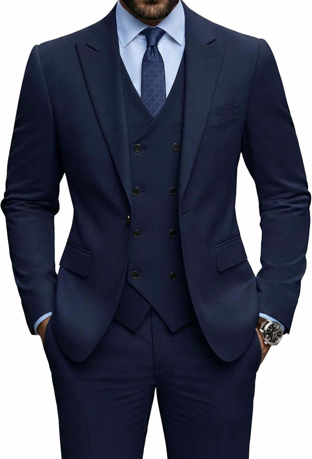 YND Men's 3 Piece Slim Fit Suit Set, One Button Peak Lapel Solid Business Blazer Jacket, Double Breasted Vest Pants and Tie