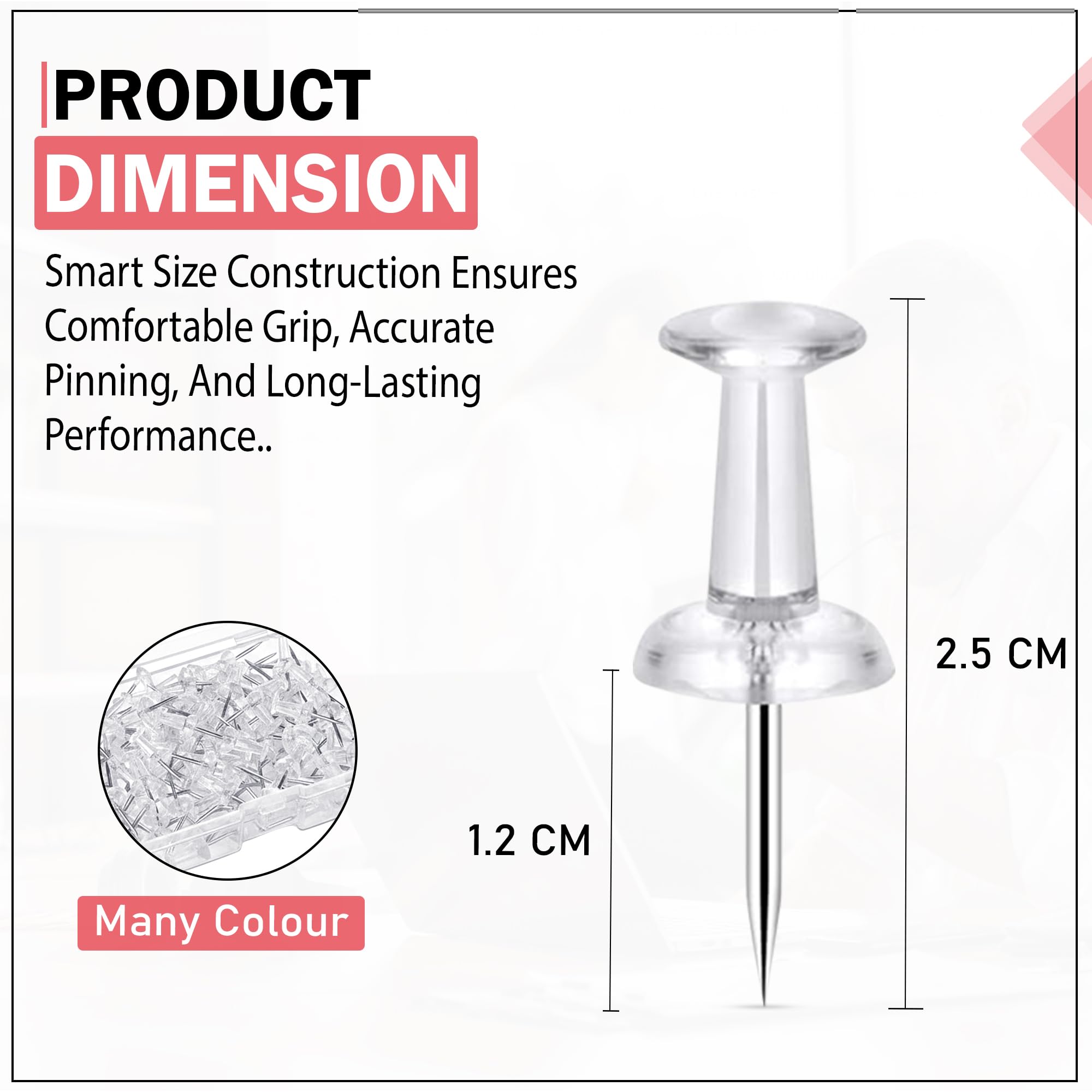 GLUN® 100 Pieces Steel Push Pins with Transparent Top, Durable, Strong & Sharp Thumb Tacks Pins for Notice Boards, Office & Home