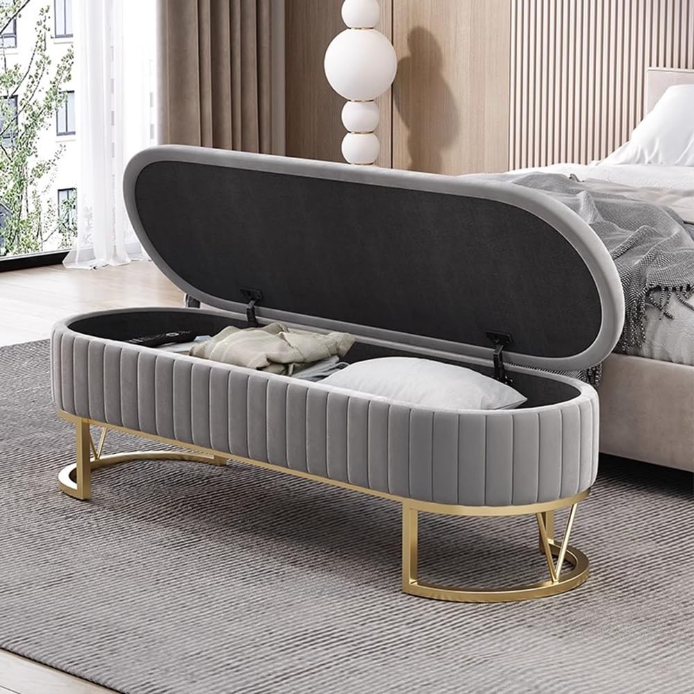 Moderno Banco de Almacenamiento tapizado con Patas de Metal, Moderno Banco de Almacenamiento for la Entrada de la Sala de Estar. Decorativo(Grey,Grande)