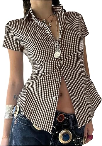 MakeMeChic Women's Plaid Collared Button Down Shirt Short Sl