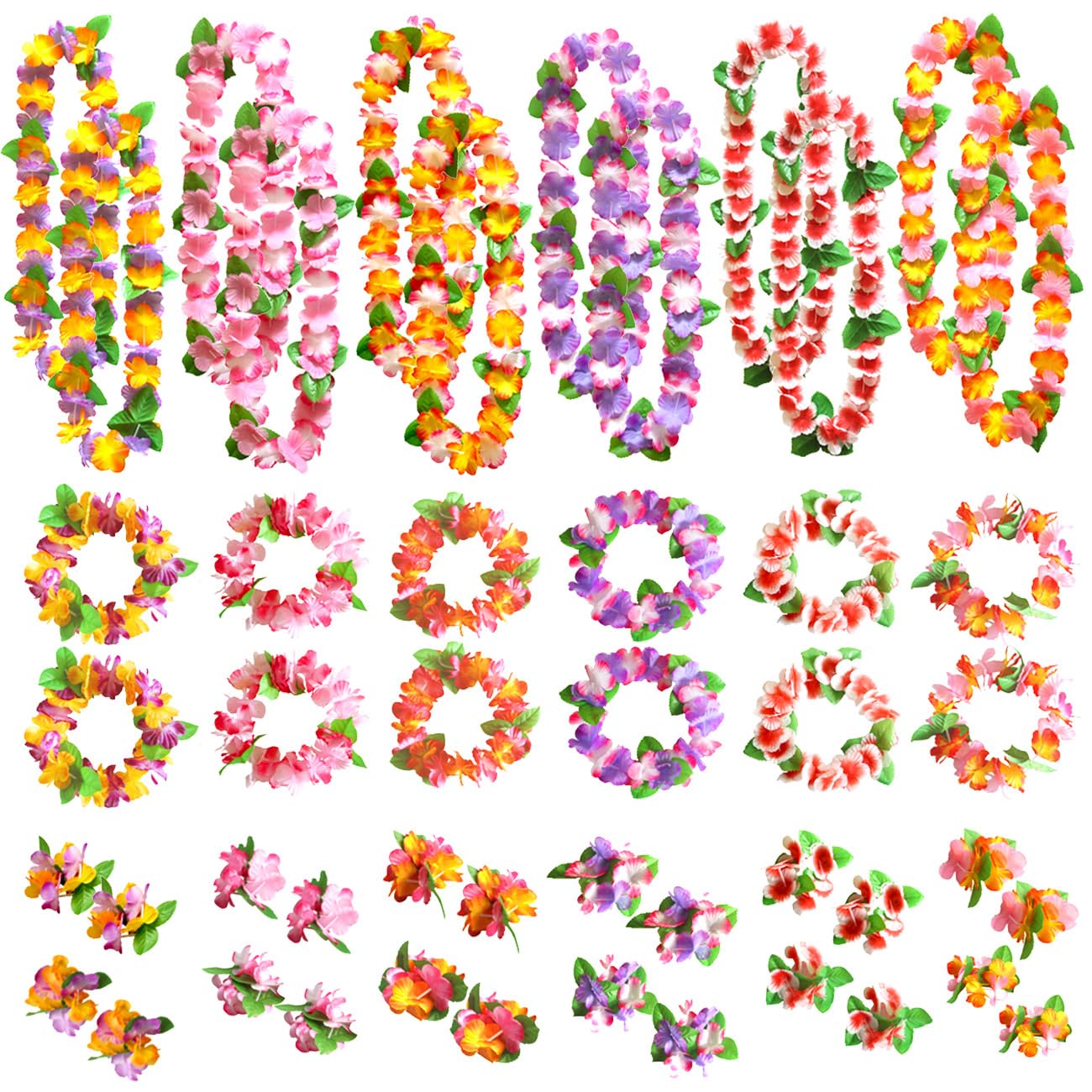GWHOLE 48 Piezas Hawaiian Flores Guirnalda Multicolor Tropical Decoración, 24 Pulseras 12 Diademas y 12 Collares para Luau Hawaiian Playa Boda Picnic Fiesta Fiesta