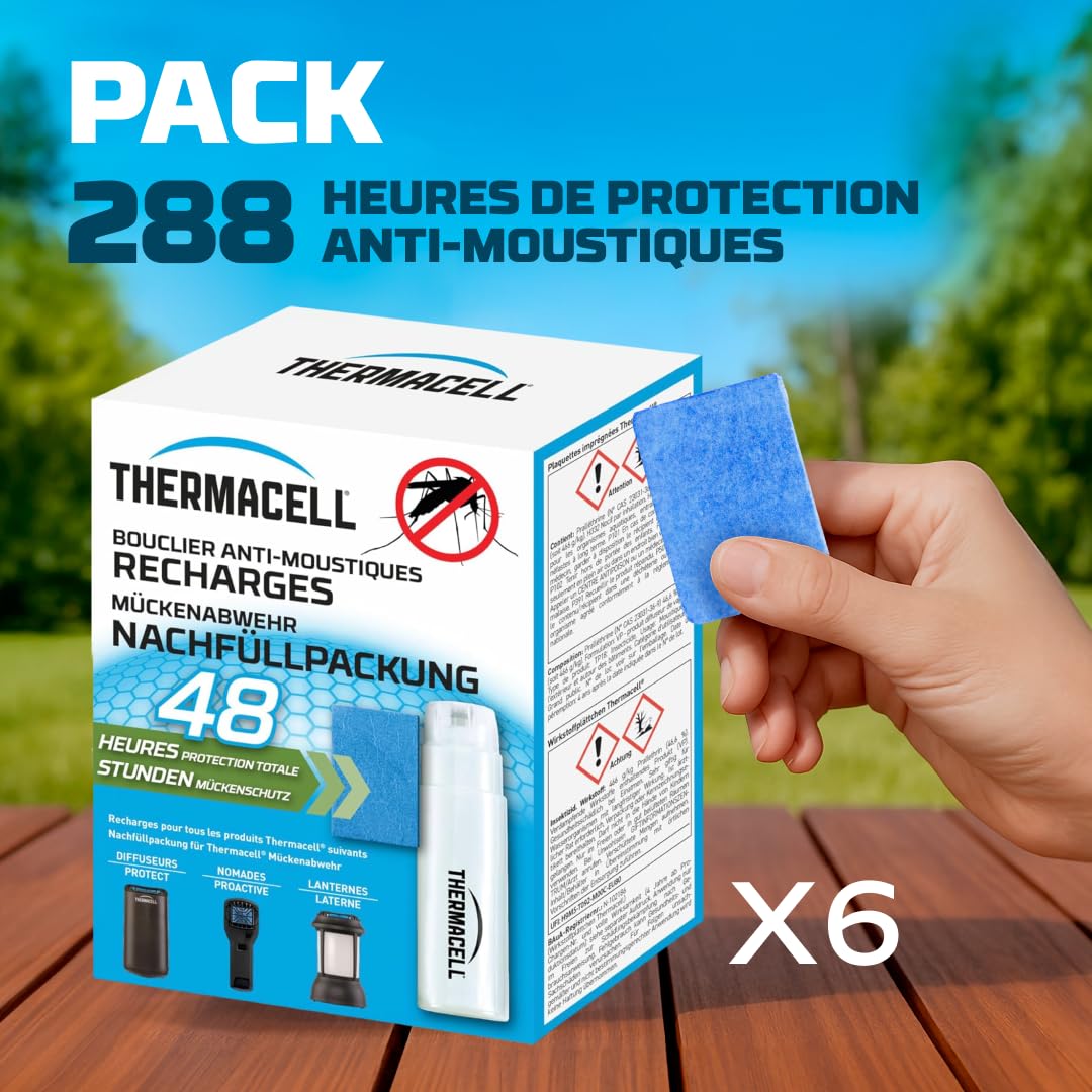 TherMACELL - 6 recambios antimosquitos y mosquitos, 20 m² - 48 horas | Compatible con difusores, nómadas y linternas – 24 cartuchos + 72 pastillas – THRECHARG48NX6
