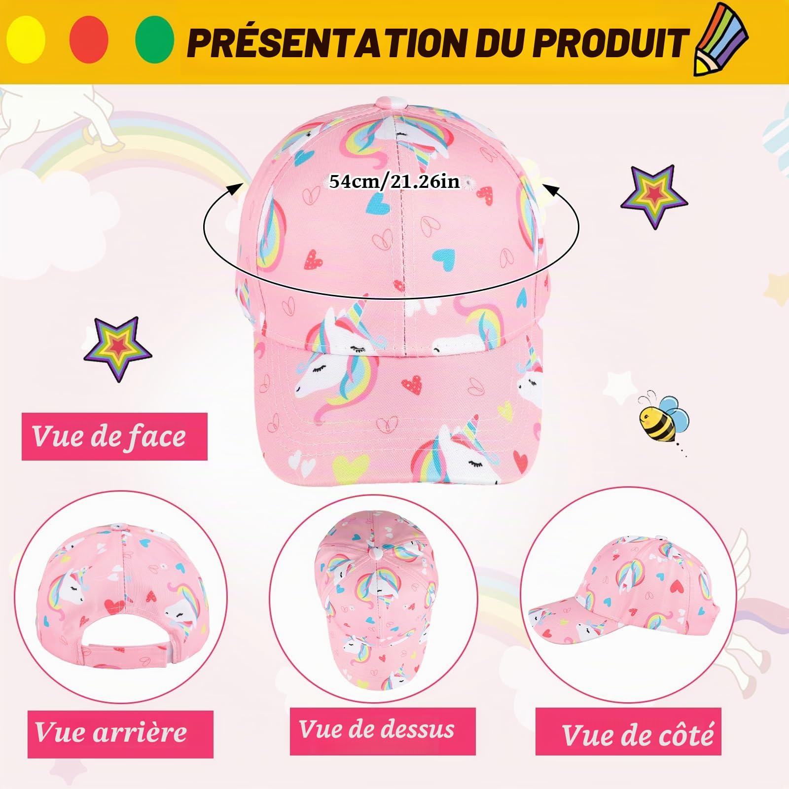 Casquettes de Baseball pour Filles Lunettes de Soleil, Licorne Casquette de Soleil Réglable Unicorn Lunettes de Soleil Baseball Cap Enfant Extérieur Visière de Sport
