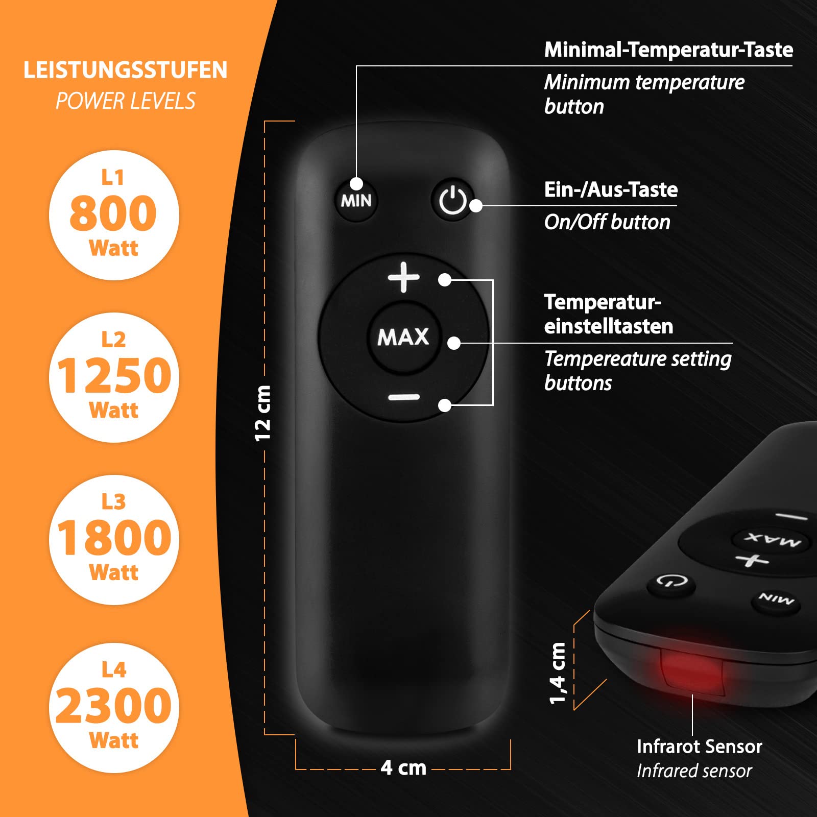 Mi-Heat Promiennik podczerwieni WIH-2300R, 2300 W, 4 stopnie ogrzewania, pilot zdalnego sterowania, metalowa obudowa, IP65 Outdoor