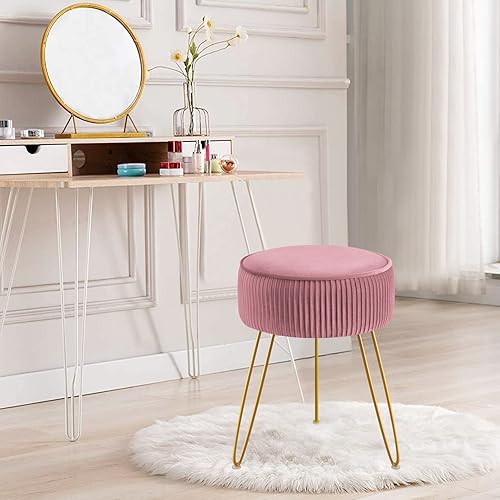 Miniatura 13 de GERANT Taburete de tocador multifuncional, taburetes modernos para sala de maquillaje, taburete otomano redondo de terciopelo con patas de metal,