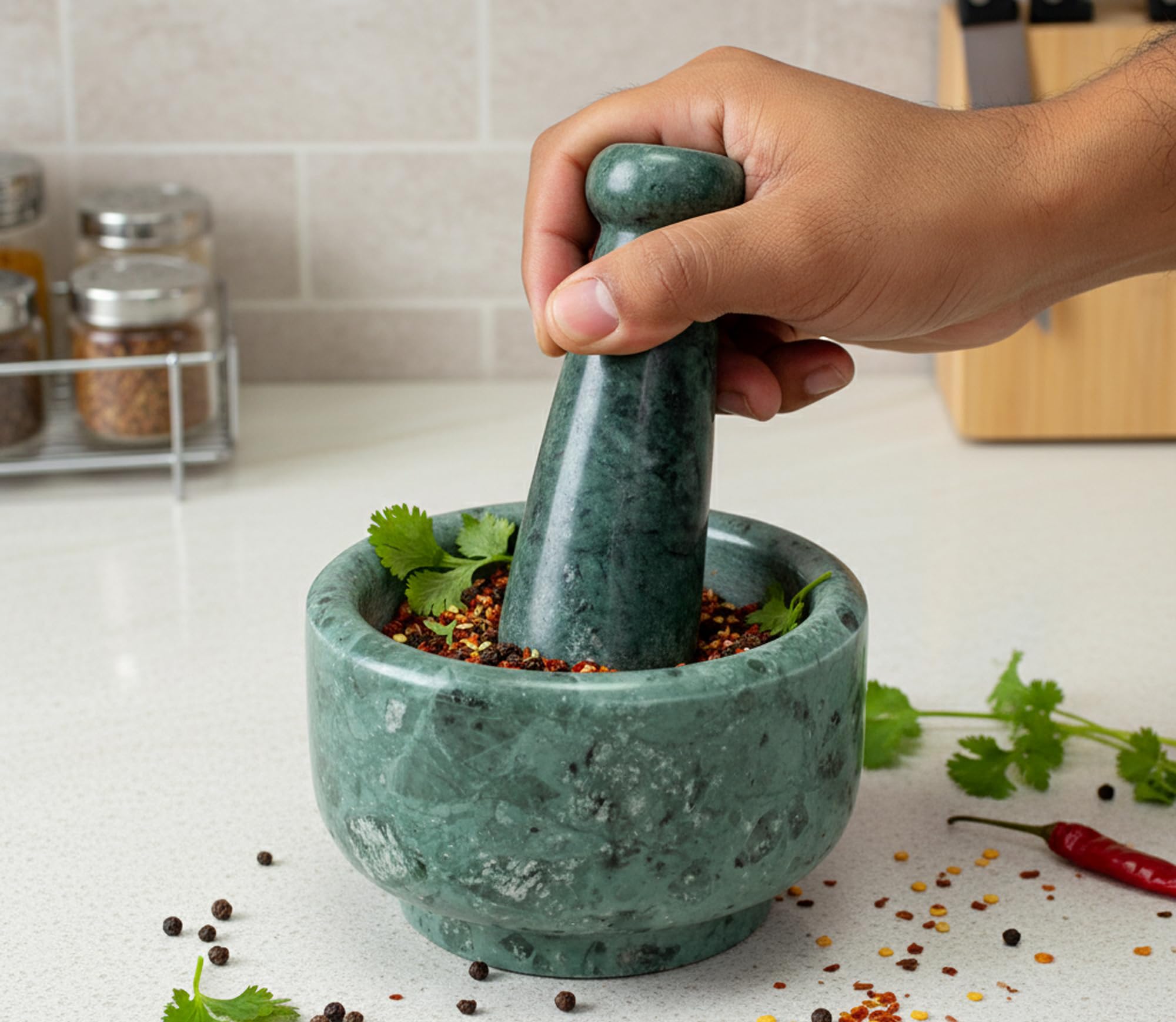 Juego de mortero y maja KLEO de 5" in – Molinillo de hierbas, machacador de guacamole, no poroso, resistente a olores – Triturador de ajos, molinillo de semillas, utensilios de cocina