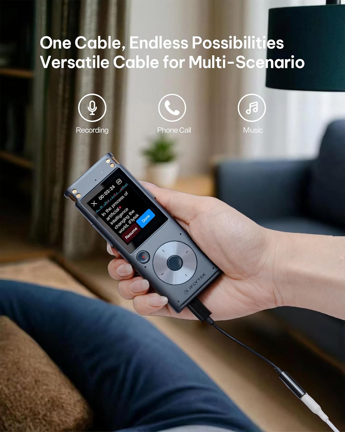 The iFLYTEK USB-C to 3.5mm Audio Jack Adapter connected to a smart recorder, with icons indicating its versatility for recording, phone calls, and music playback.