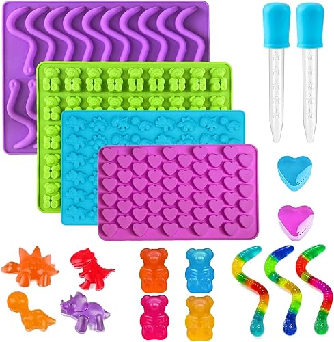 Moldes de silicona para caramelos, mini osito de gomita/corazones/dinosaurios/gusanos de gomita con 2 cuentagotas, antiadherente y libre de BPA para