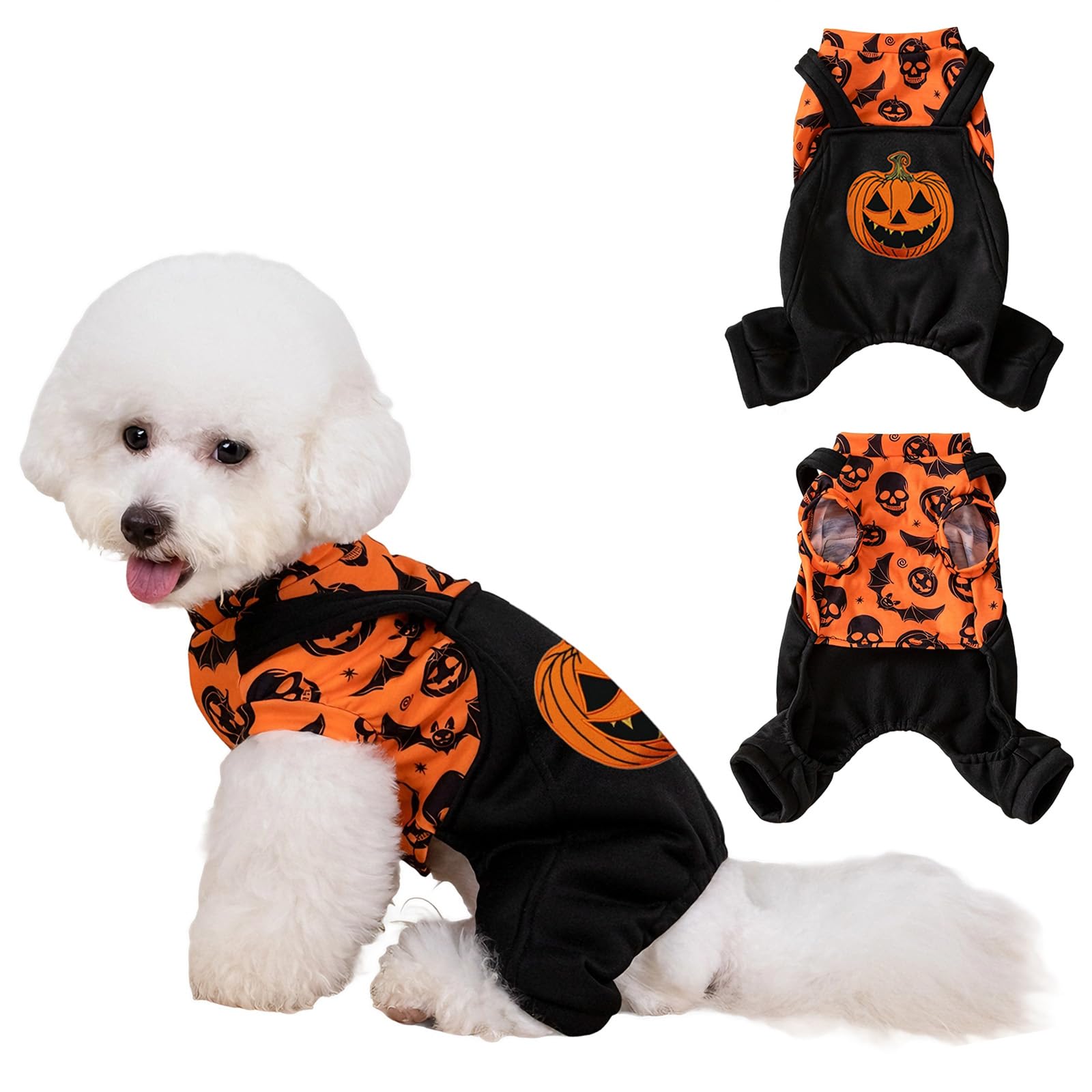 Beyinkoy Dog Halloween Pajamas, Puppy Rompers Bodysuit, 2-in-1 Pumpkin Bat Print Dog Pajamas, Comfortable and Stretchy Dog Halloween Costume for Small Dogs (S, Pumpkin)
