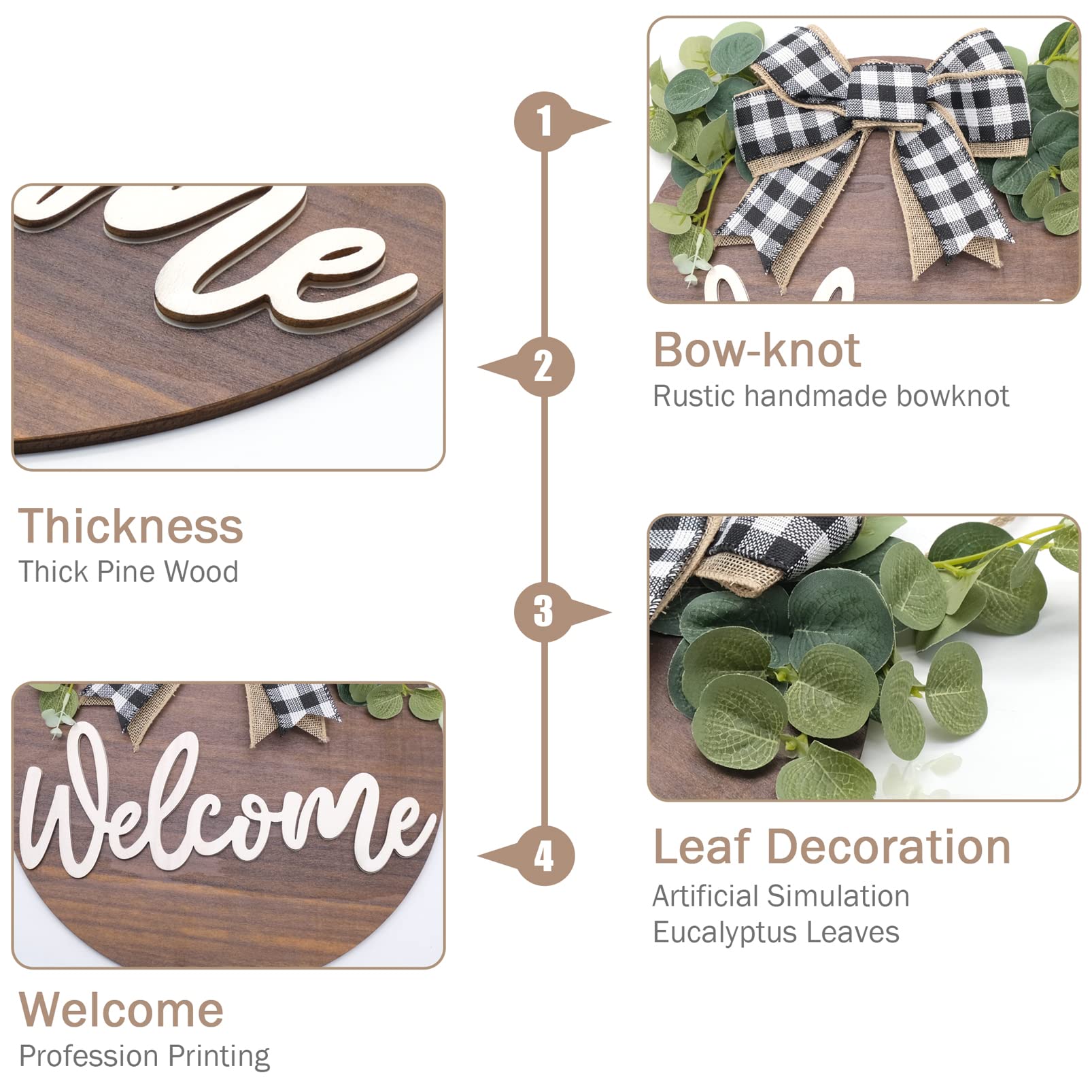 Letrero de Bienvenida Puerta Frontal Señal Madera Redonda Colgante Coronas de Bienvenida con Lazo y Flores para Casa de Campo Porche Decoración de La Puerta Delantera, 30 x 30 cm