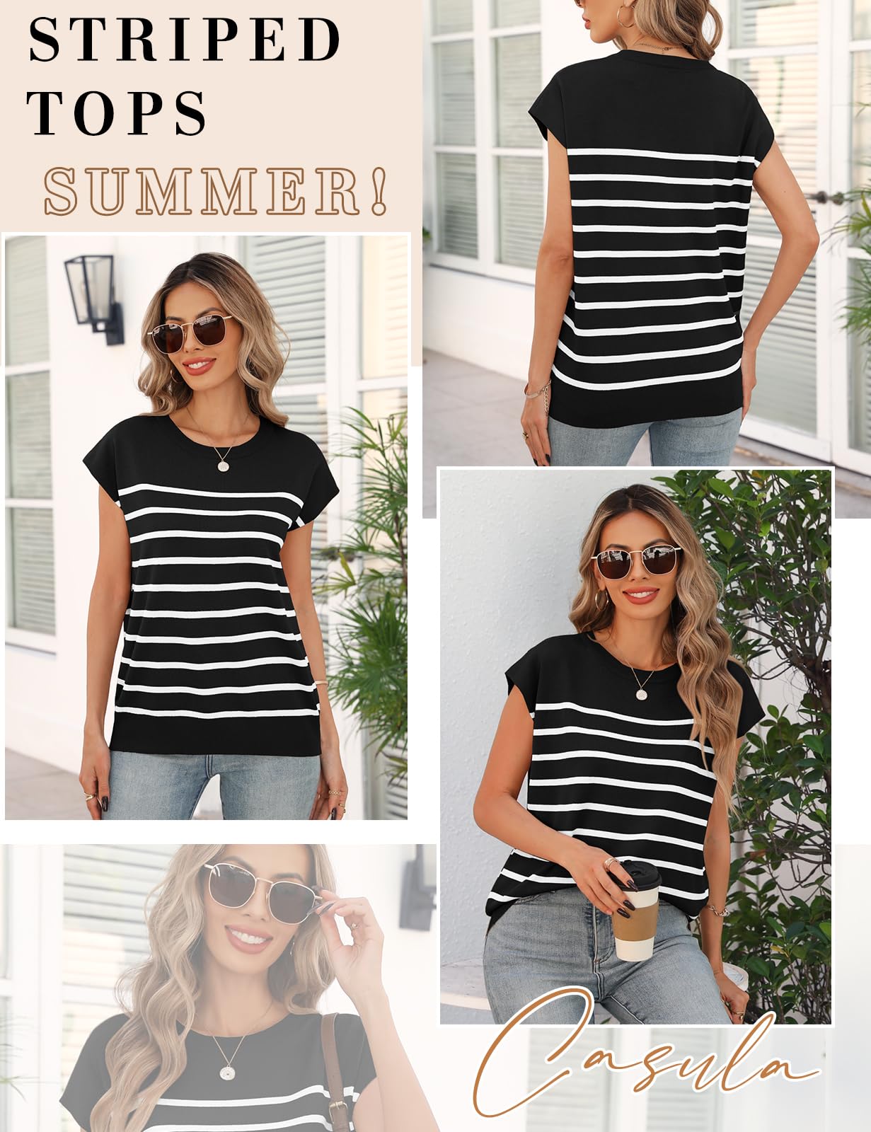 Niwicee Camisetas Manga Corta Mujer Camiseta Mujer Verano Top Mujer Tshirt de Rayas Tops con Cuello Redondo Básica Slim Fit para Mujer Top Elegantes Blusas Informales
