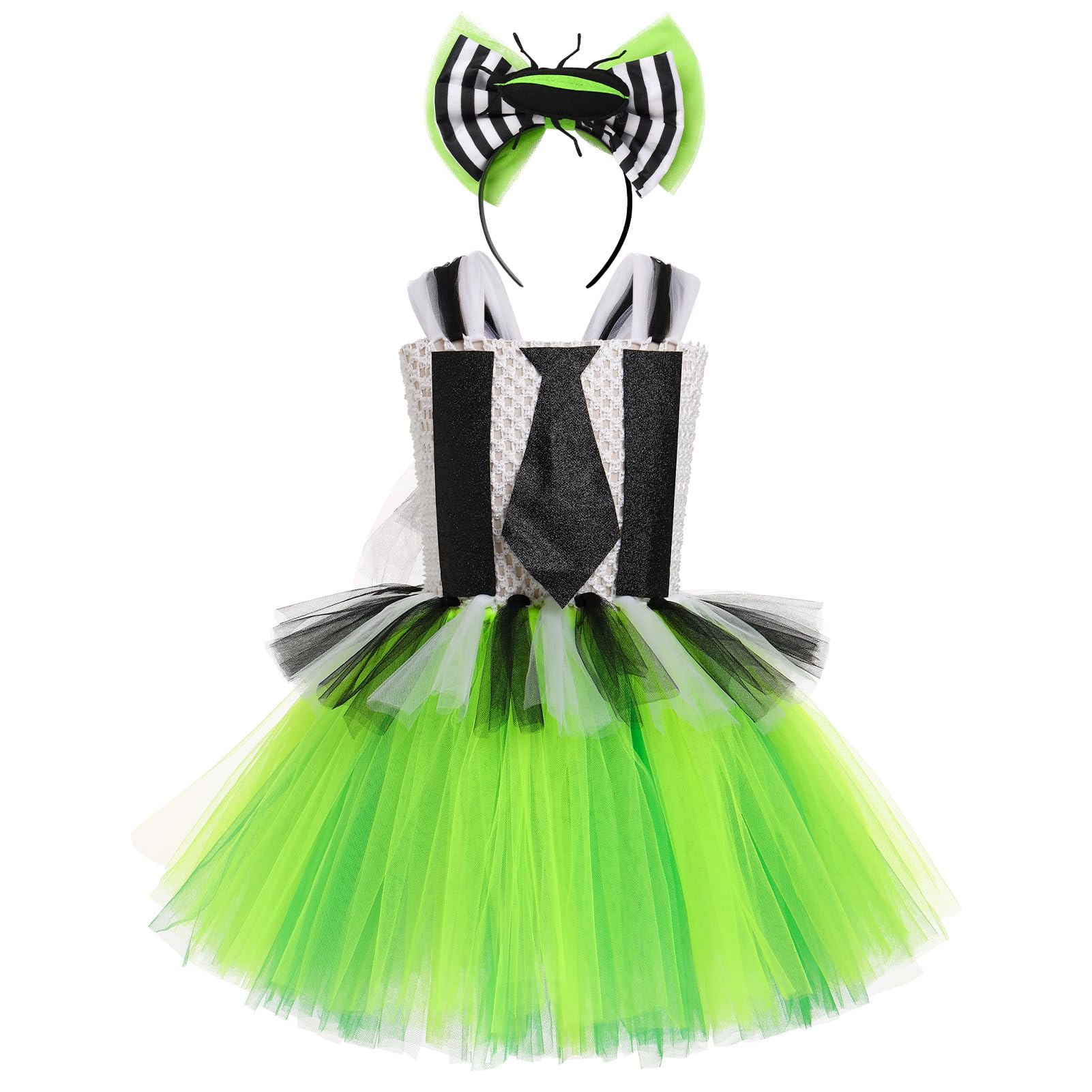 IDOPIP Kids Girl's Beetle Costume Playsuit Cosplay Black and White Striped Green Tulle Tutu Dress with Headband Carnival Party Fancy Dress Green 2-3Y - Image 2