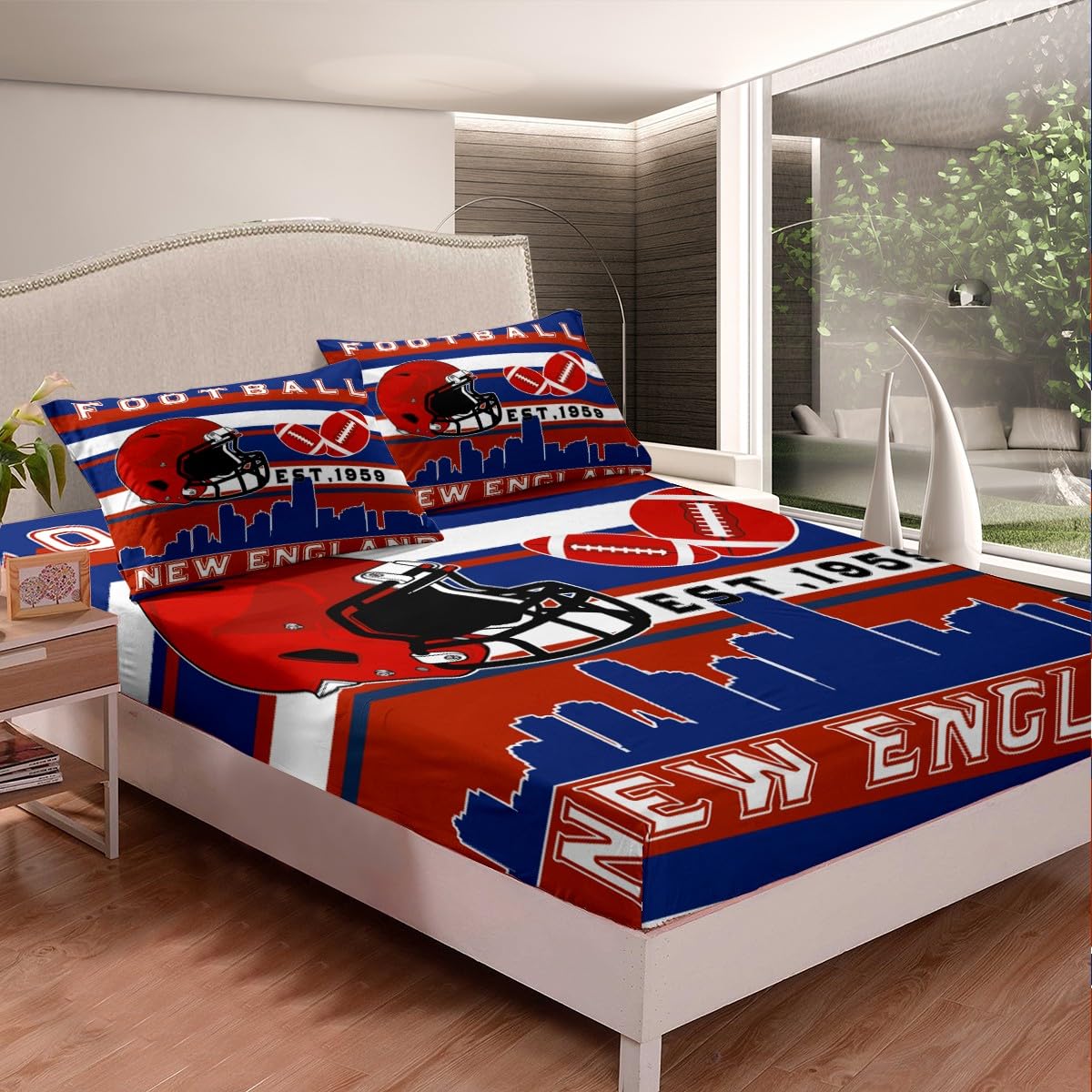 American Football Full Size Fitted Sheet No Top Sheet,Blue Red Rugby Game 3 Pieces Kids Teenager Room Decor Football City(New England) Pocket 2 Pillowcases