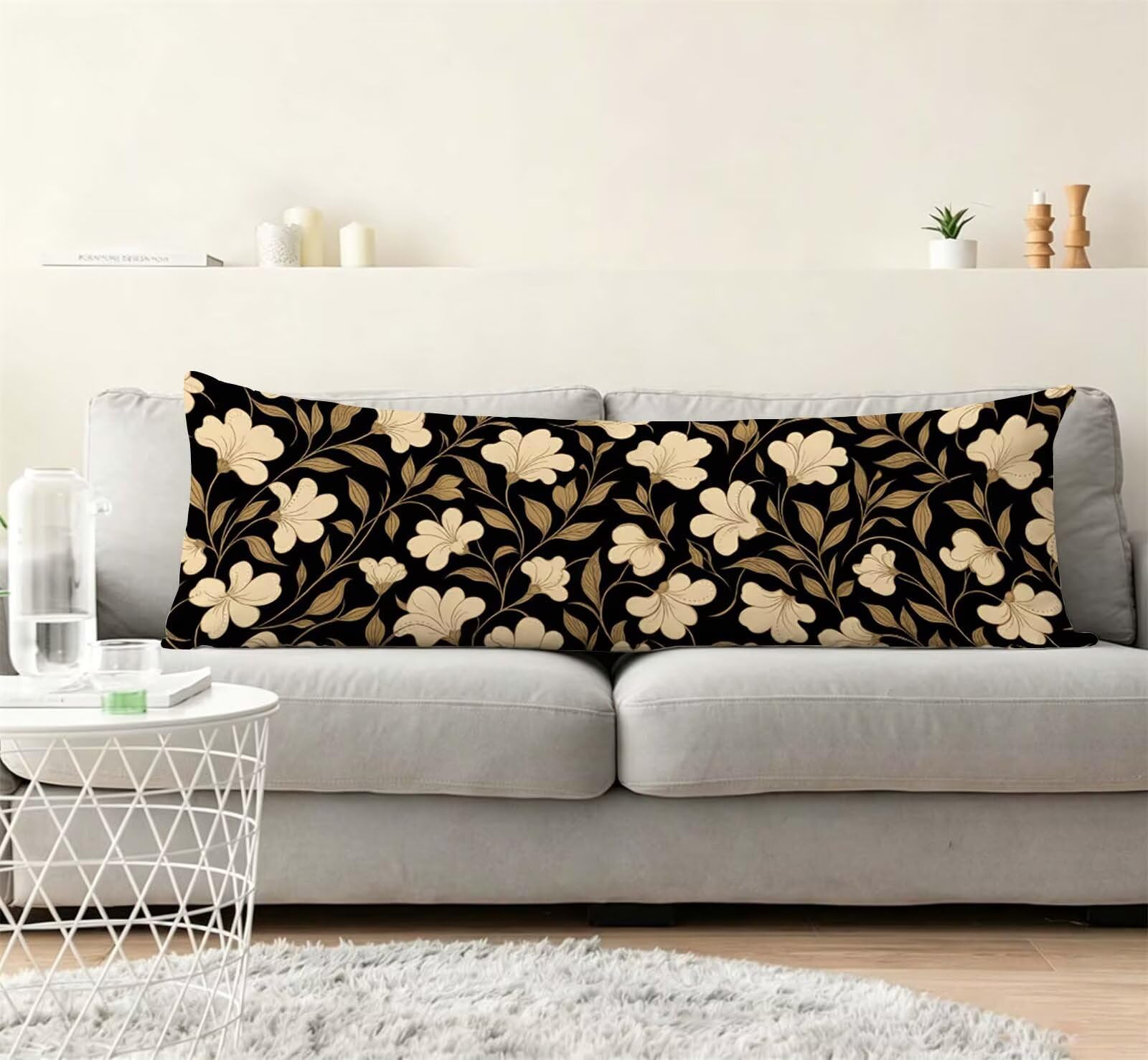 Nero-16 Federe Cuscino Letto 50 x 150 cm, Grande Cuscini per Divano Lino, | Doppia Faccia Stampa, Fiore Fodera per Cuscino Decorativa, con Cerniera, Cuscino per Dormire Sul Fianco j-200