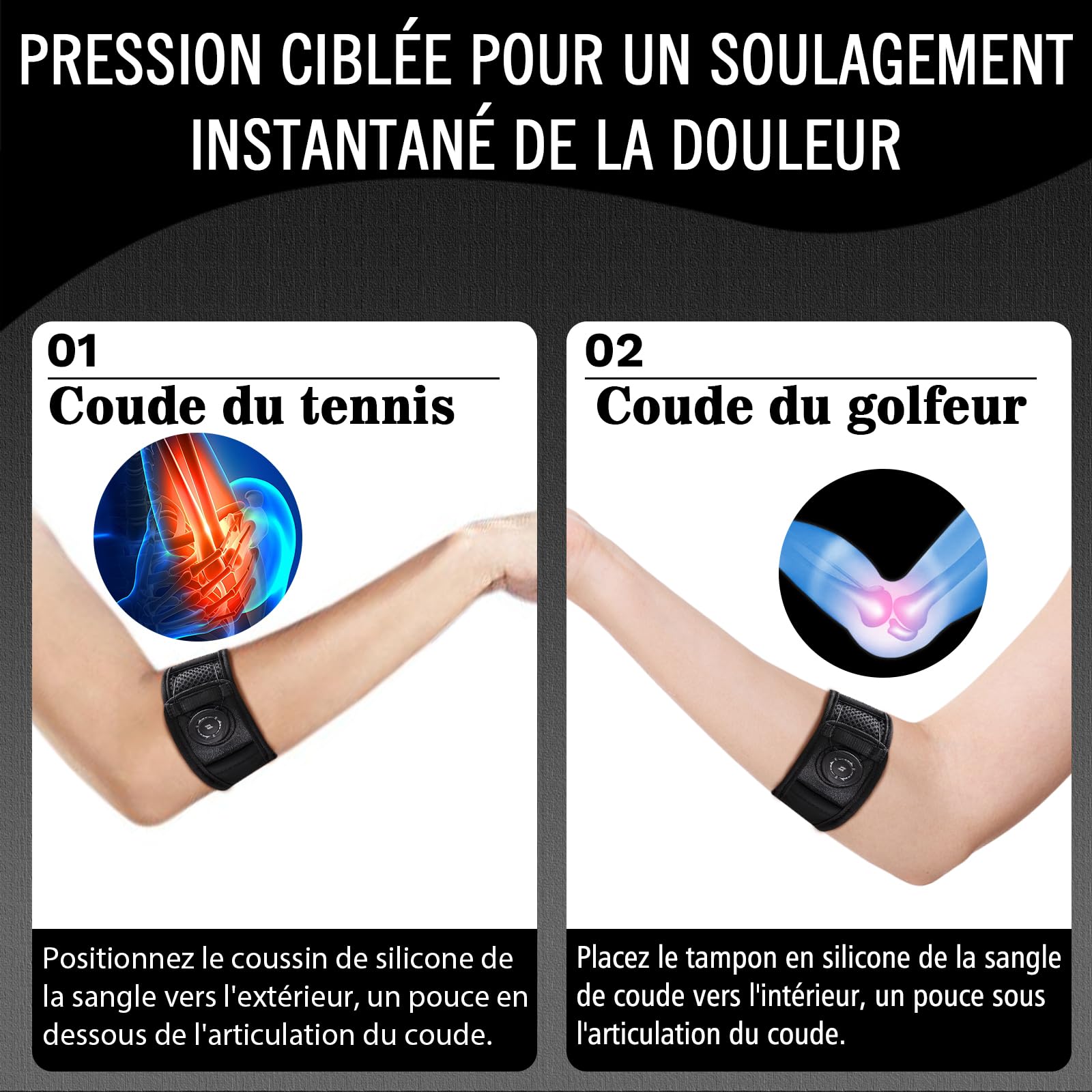 Coudière pour Tendinite et Épicondylite, Attelle de Coude Réglable pour Hommes et Femmes, Bracelet Anti-Douleur en Tissu Respirant (Noir, Taille Unique Régulière) 23-29 cm