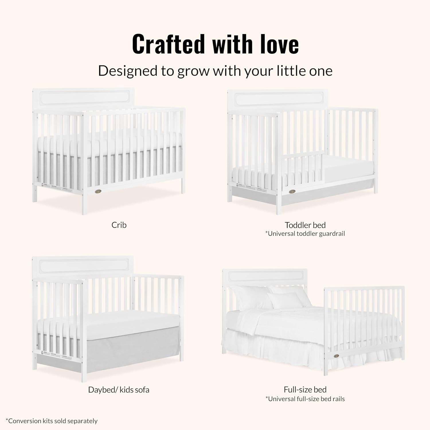 Diagram showing the 5-in-1 conversion options of the Avery crib: crib, toddler bed, daybed/kids sofa, and full-size bed.