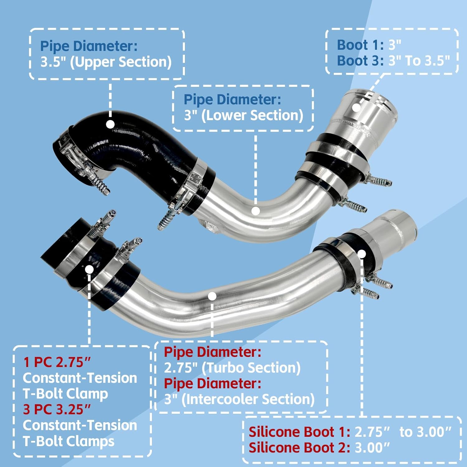 Hot & Cold Side Intercooler Pipe Boot Kit Fit for 2011-2016 Ford F-250 F-350 F-450 Super Duty 6.7L Powerstroke Diesel Aluminum Alloy Intercooler Pipe for Ford F250 F350 F450 6.7L Powerstroke Diesel