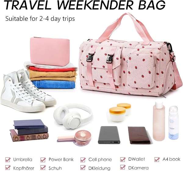Waniki Sporttasche Kinder Mädchen Erdbeere Cord Reisetasche Damen Weekender Schwimmtasche mit Schuhfach und Nassfach Teenager Travel Bag Balletttasche für Reisen, Fitness, Sport, Gymnastik, Schule - 4