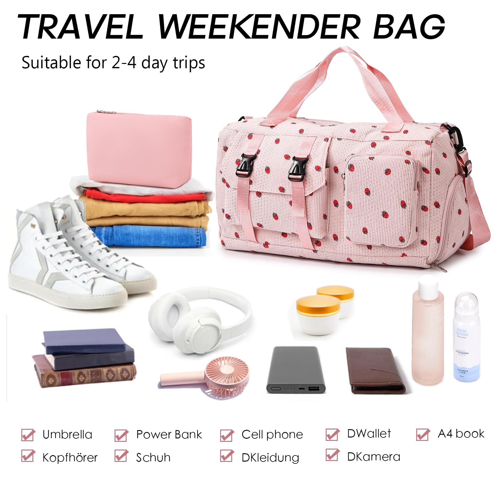 Sporttasche Kinder Mädchen Erdbeere Cord Reisetasche Damen Weekender Schwimmtasche mit Schuhfach und Nassfach Teenager Travel Bag Balletttasche für Reisen, Fitness, Sport, Gymnastik, Schule - 5