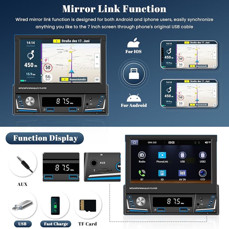 Hikity 1 DIN Autórádió 7" Kihúzható Érintőképernyővel - Vezeték Nélküli CarPlay, Android Auto, Bluetooth, FM/AM, USB, Tolatókamera
