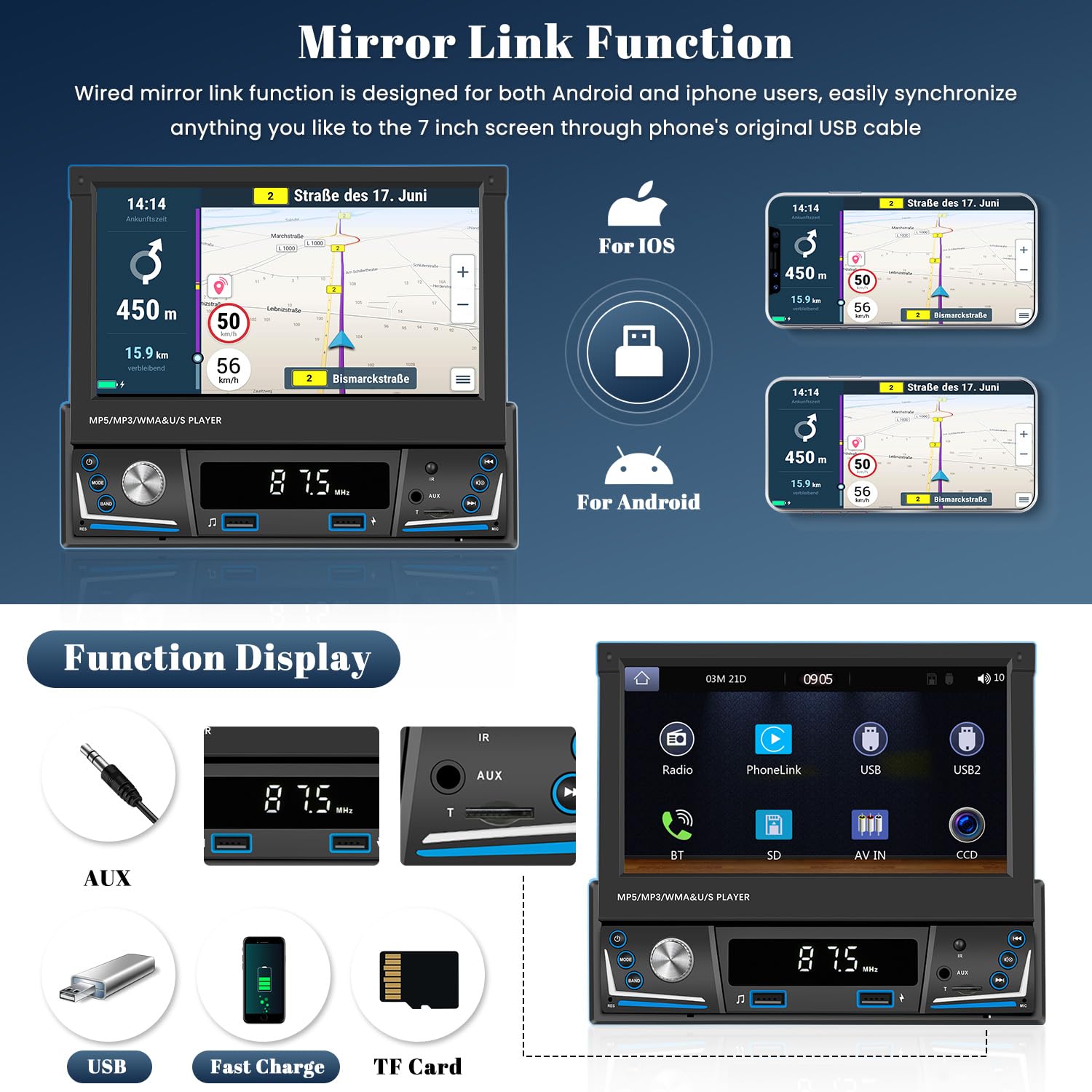 Hikity 7" 1 DIN CarPlay Radio Coche con Bluetooth FM Cámara Trasera | Pantalla Táctil Android Auto Wireless CarPlay EQ Control del Volante Manos Libres USB AUX Tarjeta TF