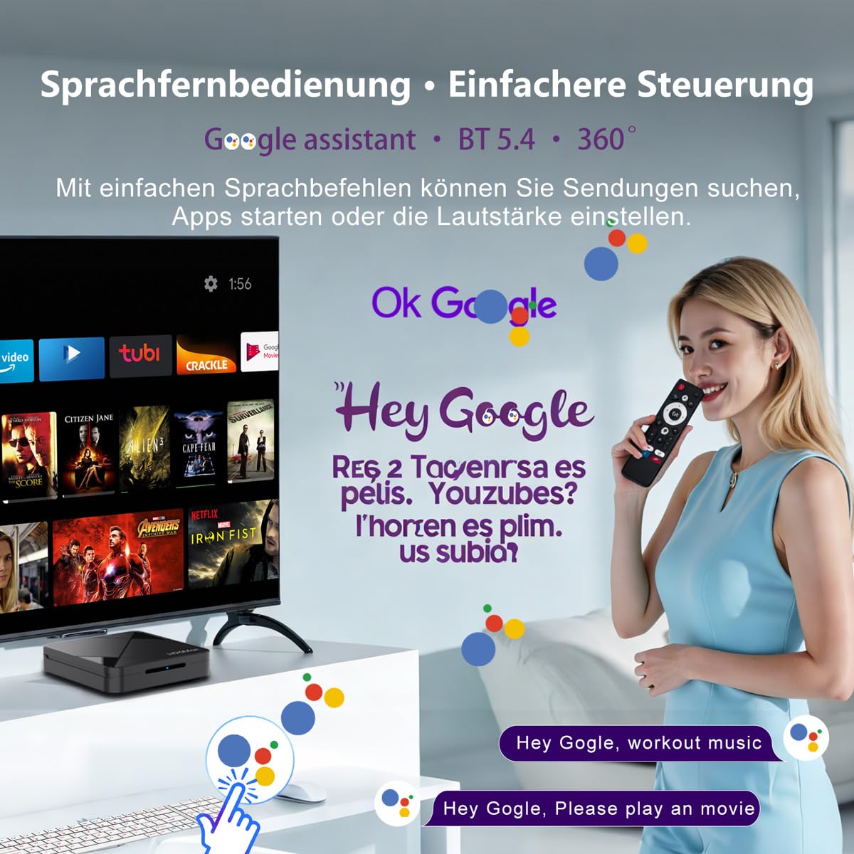 4K UHD Android 14.0 TV Streaming Box 2026, 2GB RAM + 16GB ROM | IP-TV Box Mit Sprachsteuerung, 2.4G/5G WiFi 6, BT 5.4, USB 3.0, 100M Ethernet, HDR10, RK3518 Quad-Core A53