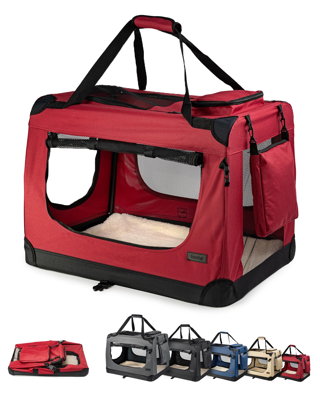 lionto Borsa trasportino per cani pieghevole per viaggi e auto, 90x61x65 cm, box di trasporto stabile con maniglie per gatti e animali fino a 22 kg, scatola in tessuto, rosso scuro