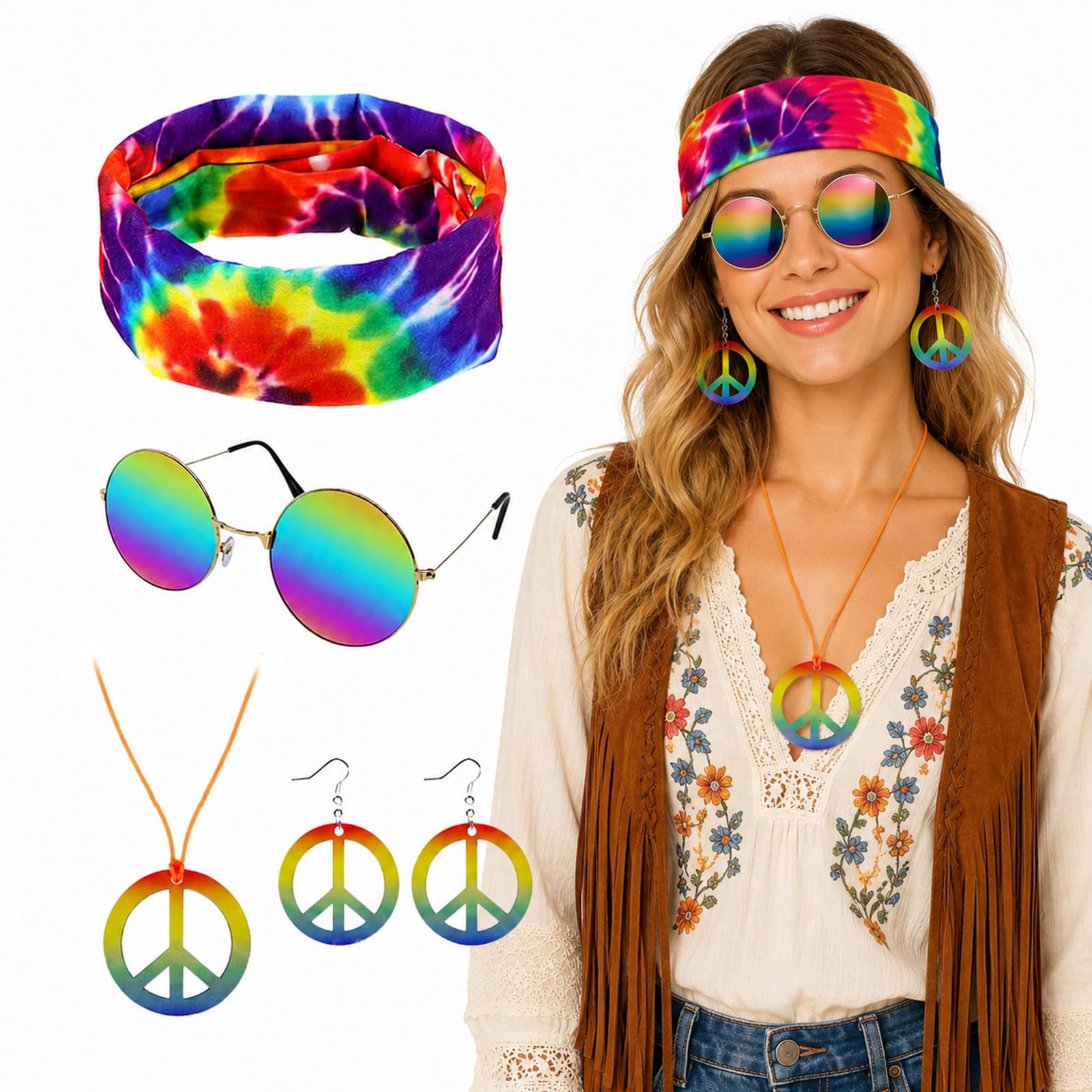 Heropen 4PCS Hippie Costume Set, 60s 70s Hippie Costume Accessories Set