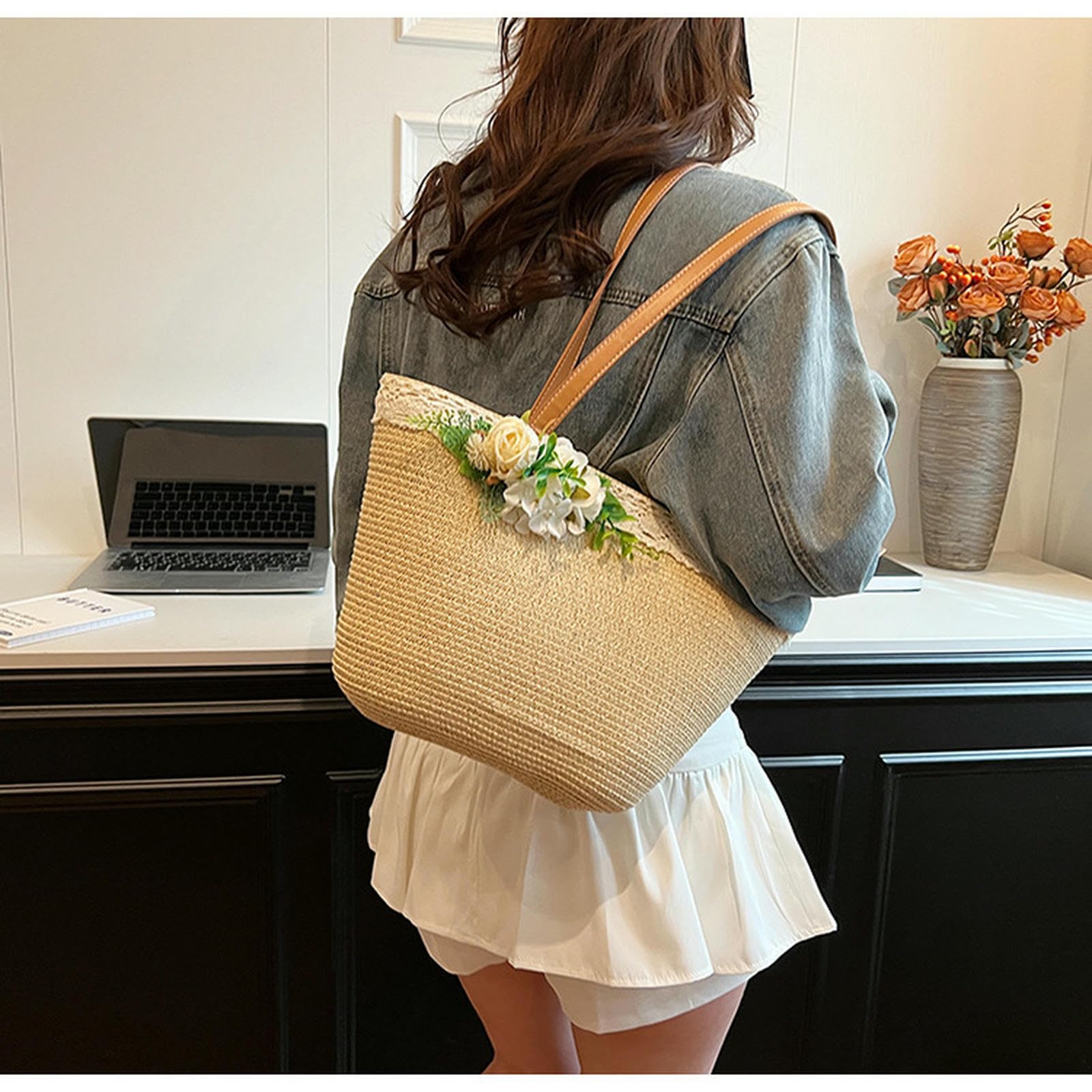 Strohtasche Damen Strohbeutel Frauen Sommerstrandtasche Große Kapazität Strohtasche Mit Zipper Beach Totes Gewebte Umhängetasche-beige
