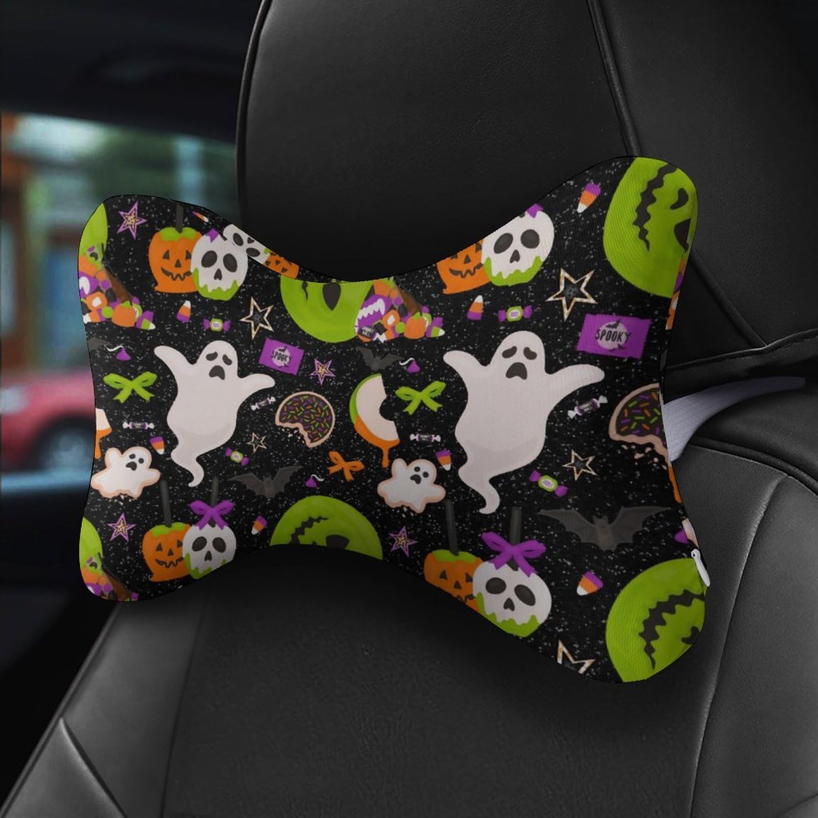 SMAZDFXX Halloween Treats Ghost Pumpkin Head Car Neck Pillow Set of 2 Car Seat Head Support Cushion Bone Pillows with Elastic Strap