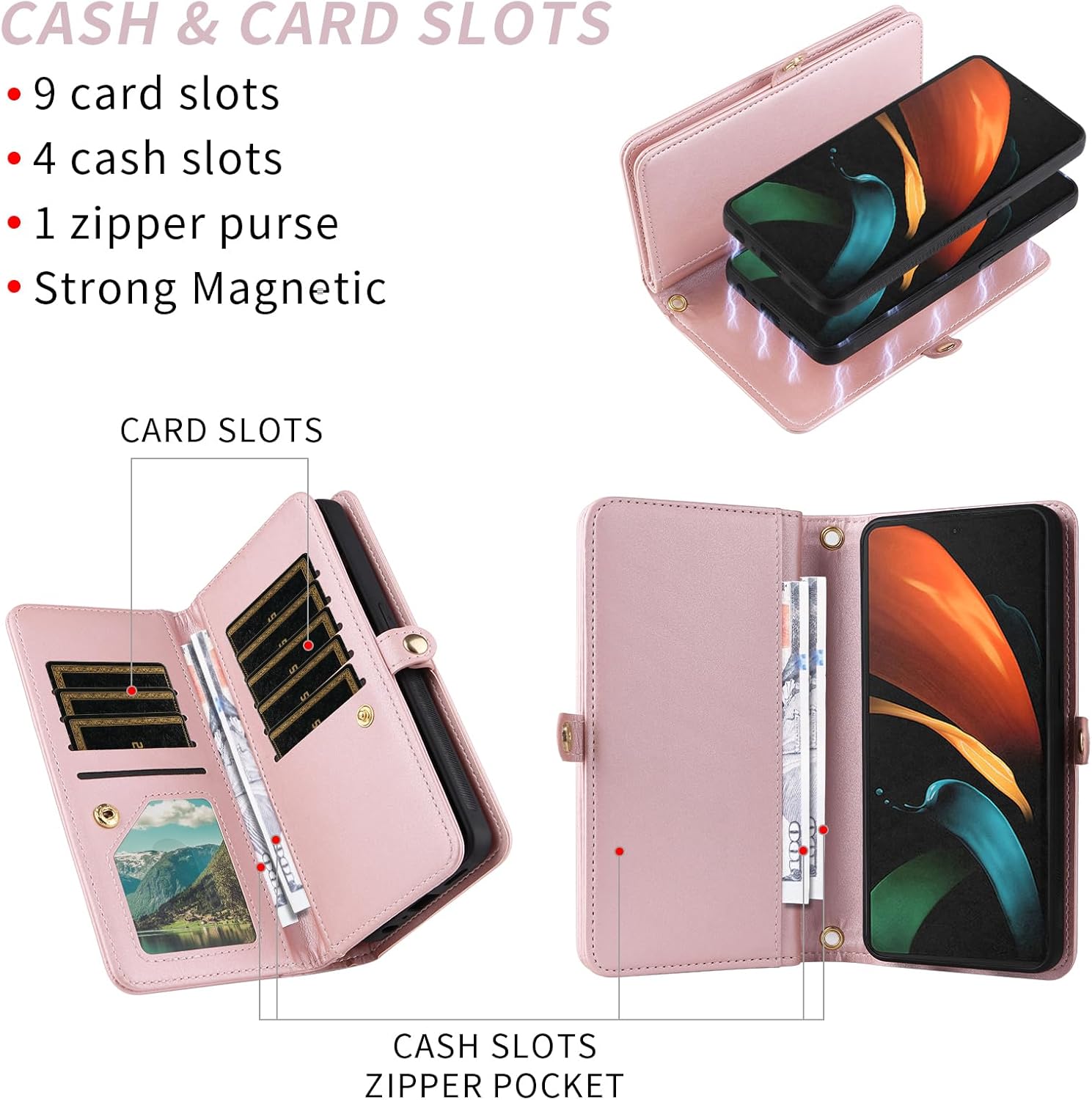 Asuwish Compatible with Samsung Galaxy Z Fold 2 5G 2020 Wallet Case and Glitter Leather Flip Cover Zipper Card Holder Stand Cell Accessories Soft Phone Cases for ZFold2 Z2 Fold2 ZFold25G Women Pink