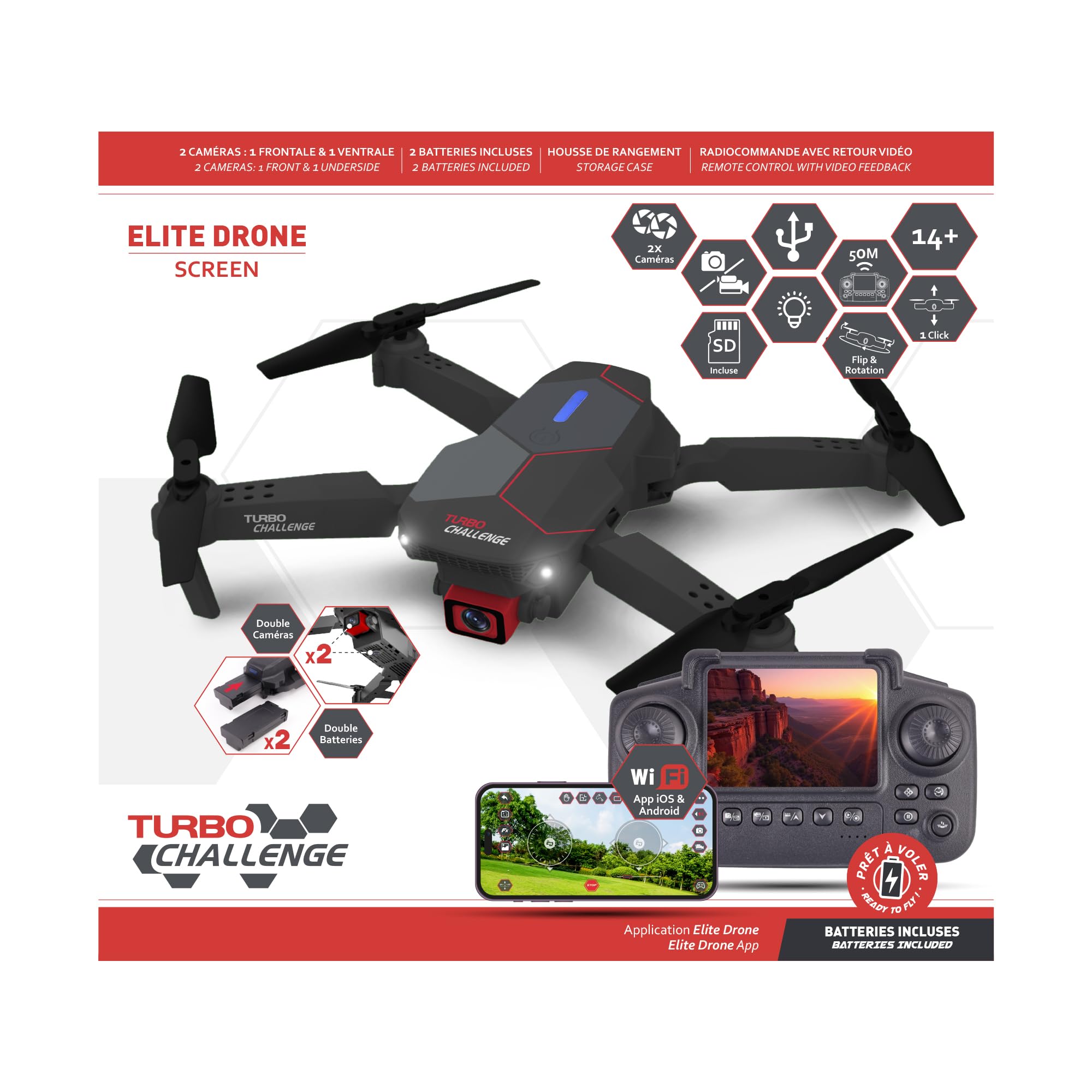 TURBO CHALLENGE - Drone - Quadricoptère - 400329 - Dispositif Volant - Noir - 2 Batteries Rechargeables - Cadeau - Anniversaire - Vidéo - Photo - Radiocommandé - Ecran Intégré - À Partir de 14 Ans