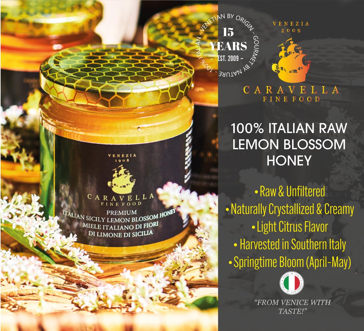 4x Miel de flor de limón de Sicilia 250 gr Caravella Fine Food| Italiana Cruda Cremosa Ligero Aroma Cítrico| Rica en minerales enzimas y antioxidantes | Ideal para Té Quesos Croissants Frutas Postres