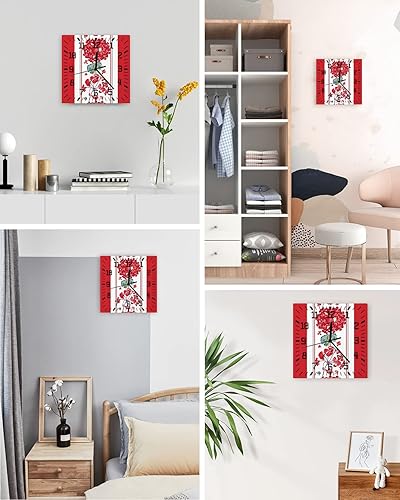 Miniatura 4 de Red Flower Wooden Wall Clock Silent Non Ticking, Spring Summer Floral Rustic Botanical Square Wall Clock Battery Operated, Decor Clock for Home