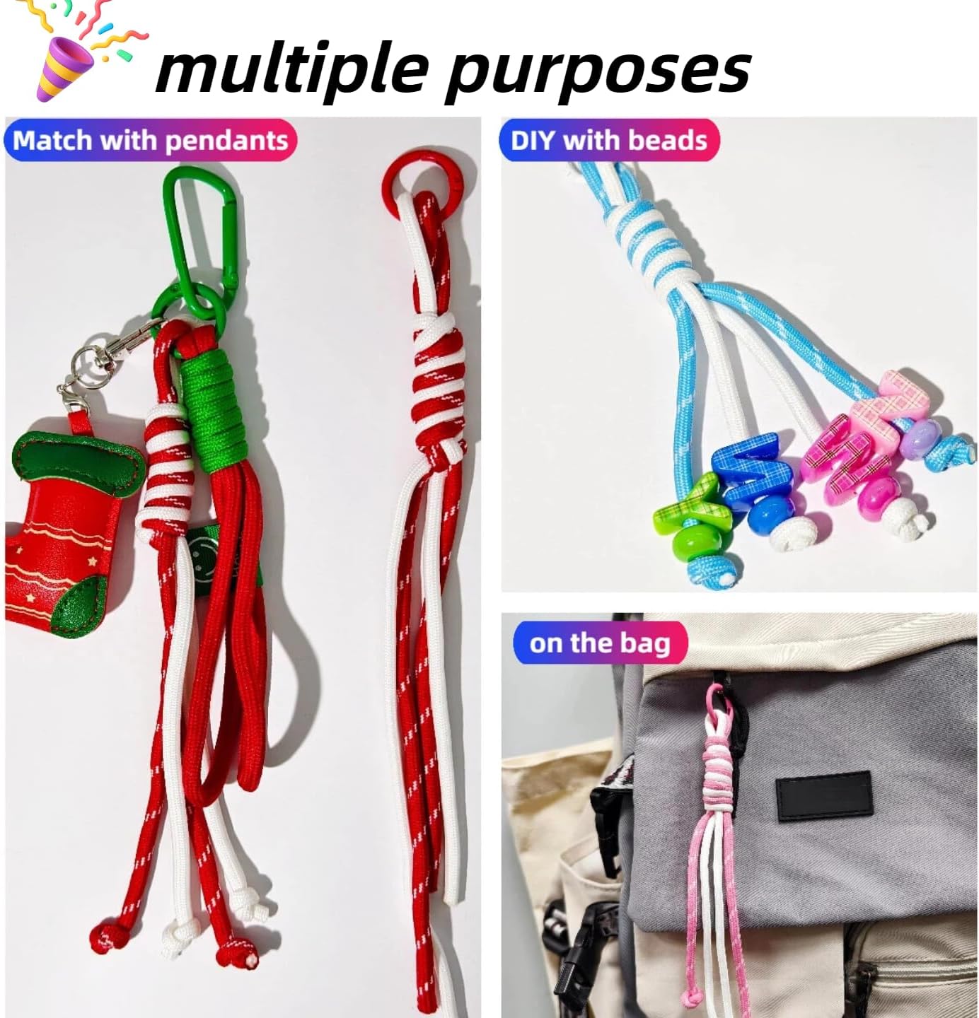 10Pcs Handwoven Double Nylon Rope Keychain,Color-blocking Design, Decorative Lanyard with Carabiner, Bag Charm Accessory for Women, Friendship Gift
