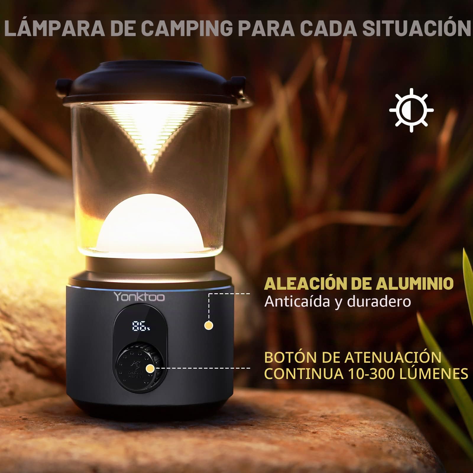 Yonktoo Lámpara de camping de 10400 mAh, recargable, con material de aleación de aluminio, 5 modos de luz y pantalla LCD, senderismo, cable de carga incluido