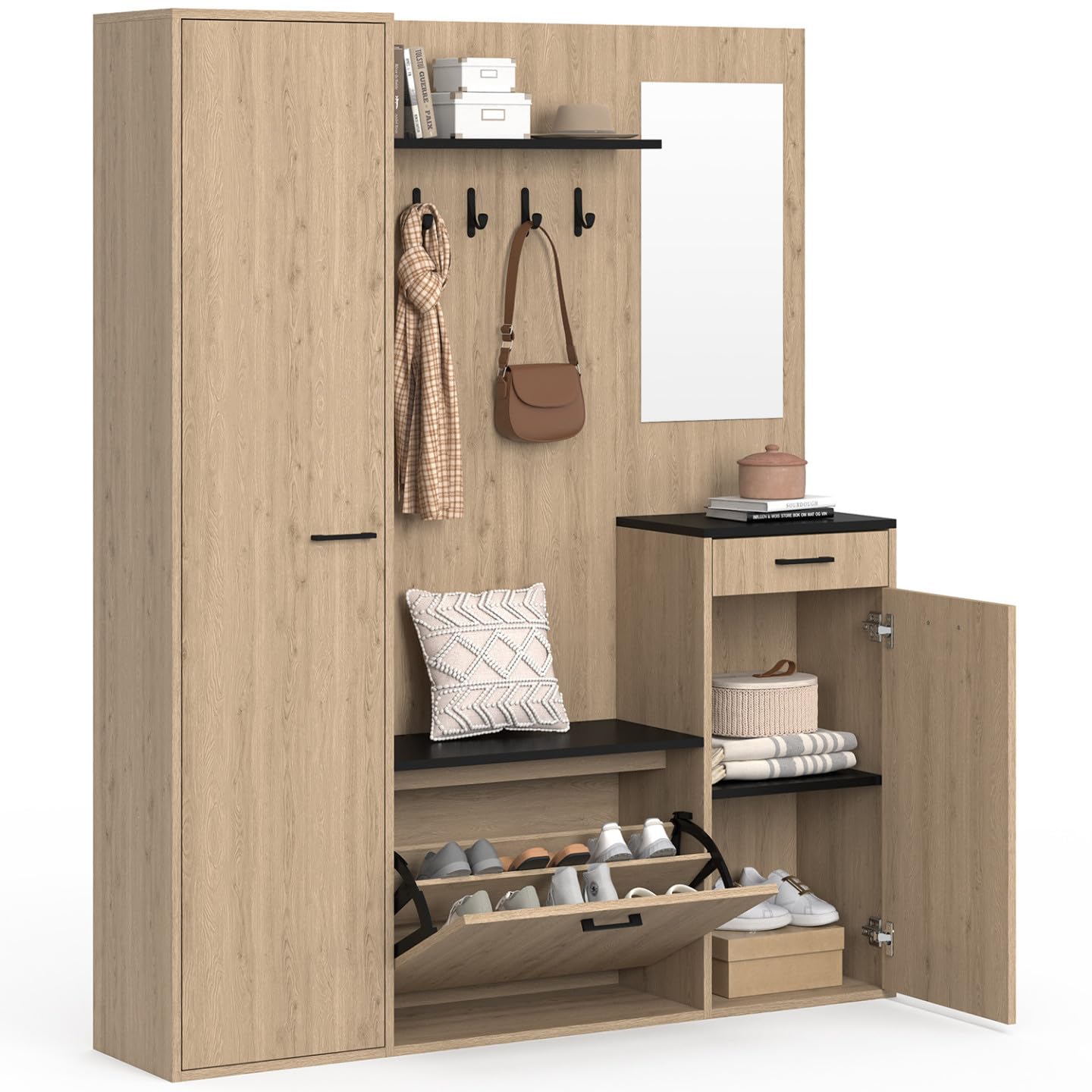 IDMarket – Armario de entrada para guardar zapatos con espejo y estantes MAHAUT XXL Maxi capacidad, efecto madera y negro