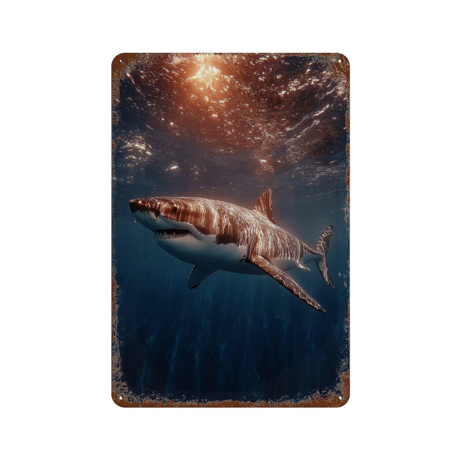 Great White Shark Underwater Weathered Tin Sign 11.8"x7.9", Decorative Metal Wall Art for Garage, Bar And Workshop Decor