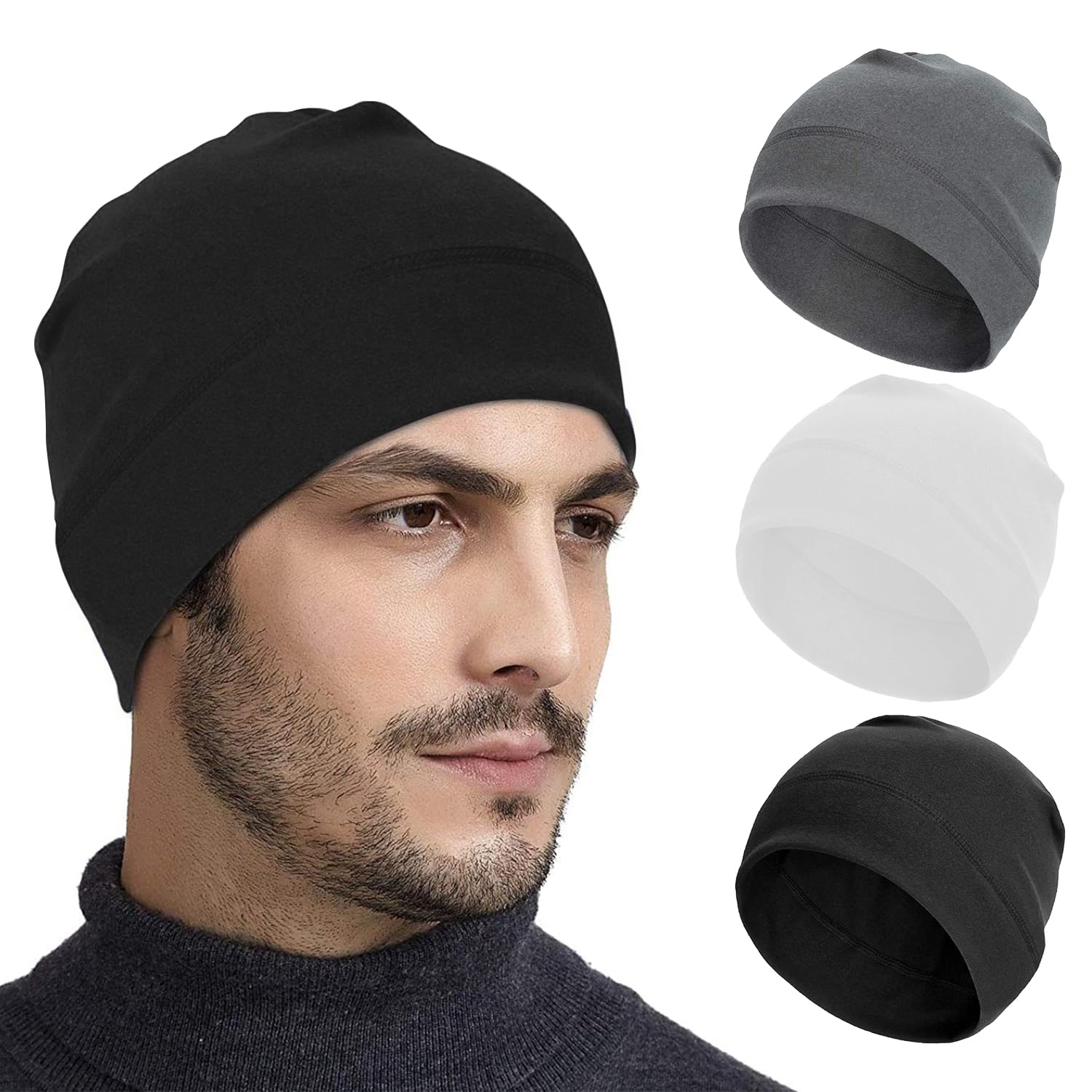 Zouwel 3 Stück Fahrradmütze Unter Helm, Winddichte Fahrradmütze, Polyester Laufmütze für Herren Damen, Winter Warme Dünne Mütze (DE/NL/SE/PL, Alphanumerisch, M, Schwarz Grau Weiß)
