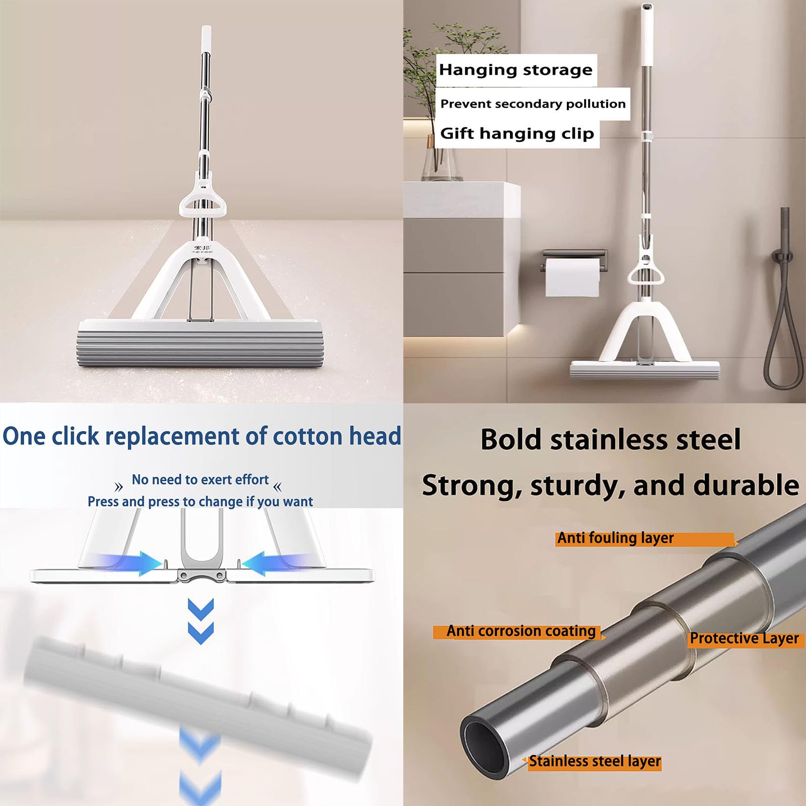 Balai Essoreur avec éponge PVA Absorbante, Ensembles Balai Serpillière et Seau, Balai Télescopique Veranda avec Poignée Réglable en Acier Inoxydable, pour Tous Les Sols Lisses,F