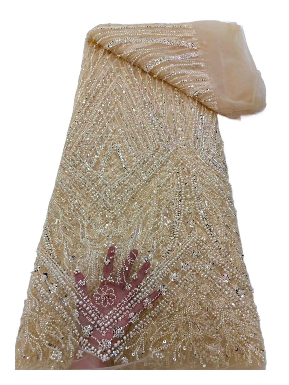 Red de encaje nupcial con lentejuelas geométricas tela cuentas, 5 yardas | Malla de poliéster, bordado artesanal de cuentas de corneta vertical pesado, 130 cm de ancho(Beige)