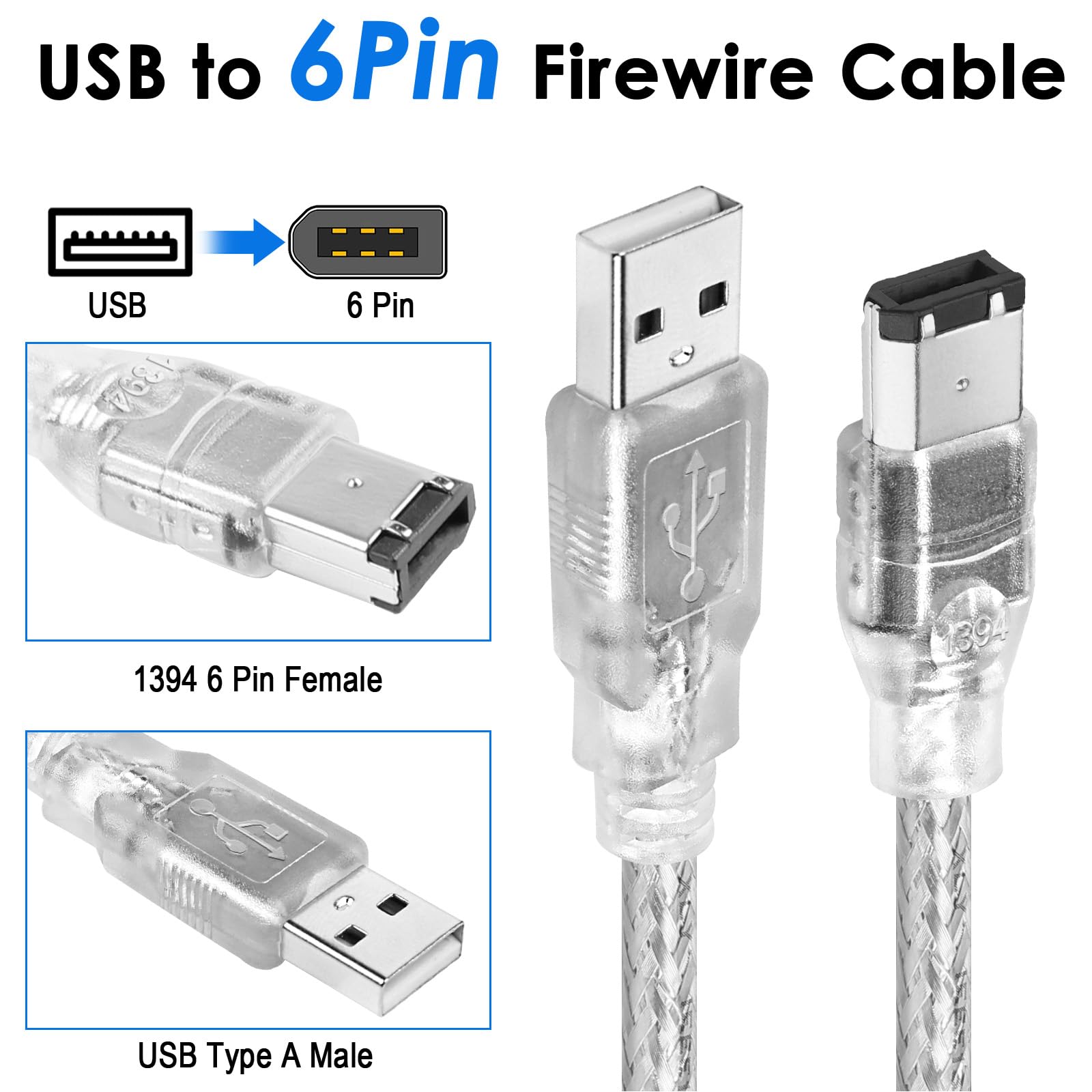 Herfair Cavo FireWire IEEE 1394, da USB a 6 pin maschio a maschio, adattatore dati, convertitore iLink FireWire 400 DV per laptop e videocamera, cavo DV a computer, 1,8