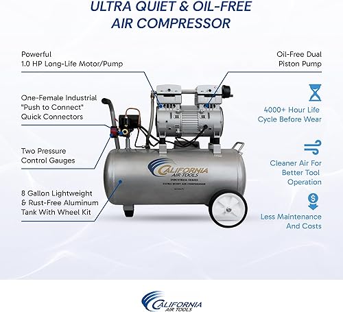 Miniatura 2 de California Air Tools 8010ALFC - Compresor de aire ultrasilencioso y sin aceite de 1.0 HP, 8.0 galones, tanque de aluminio, liviano con ruedas, nivel