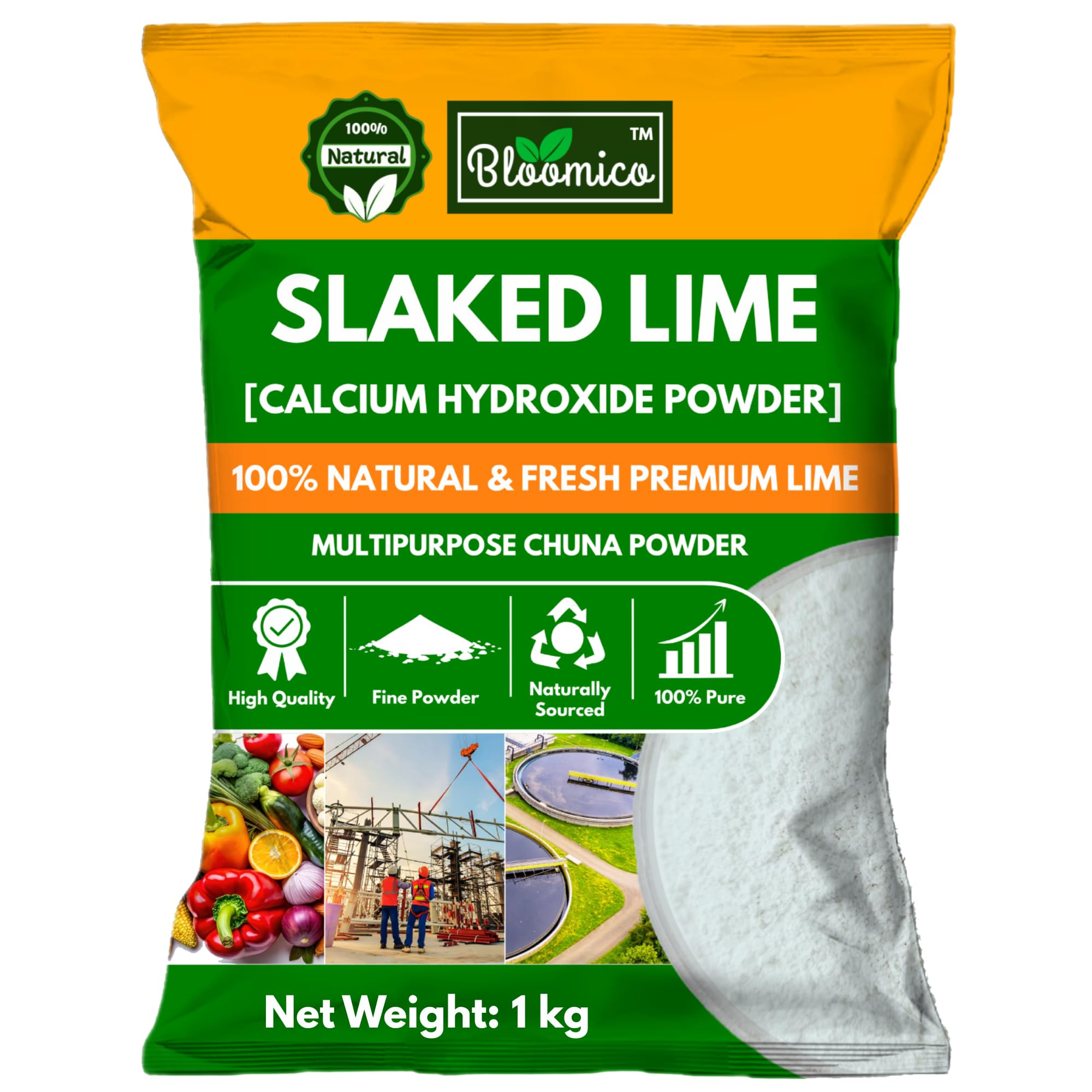 Slaked Lime Powder 1kg | Chuna Powder | Calcium Hydroxide | Hydrated Lime for Whitewash, Agriculture, Water Treatment, Construction, Food, Leather, Chemical Industry, DIY, Soil pH - 1kg
