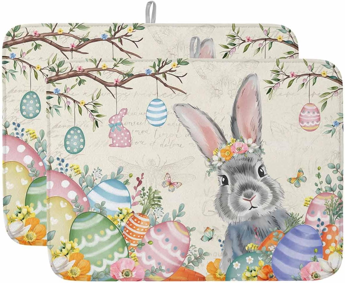 Easter Rabbit Dish Drying Mat for Kitchen Counter Spring Floral Eggs Branches Beige Background Absorbent Microfiber Quick Dry Pad Non Slip Drainer Mats 18x24 Inch, 2 Pack