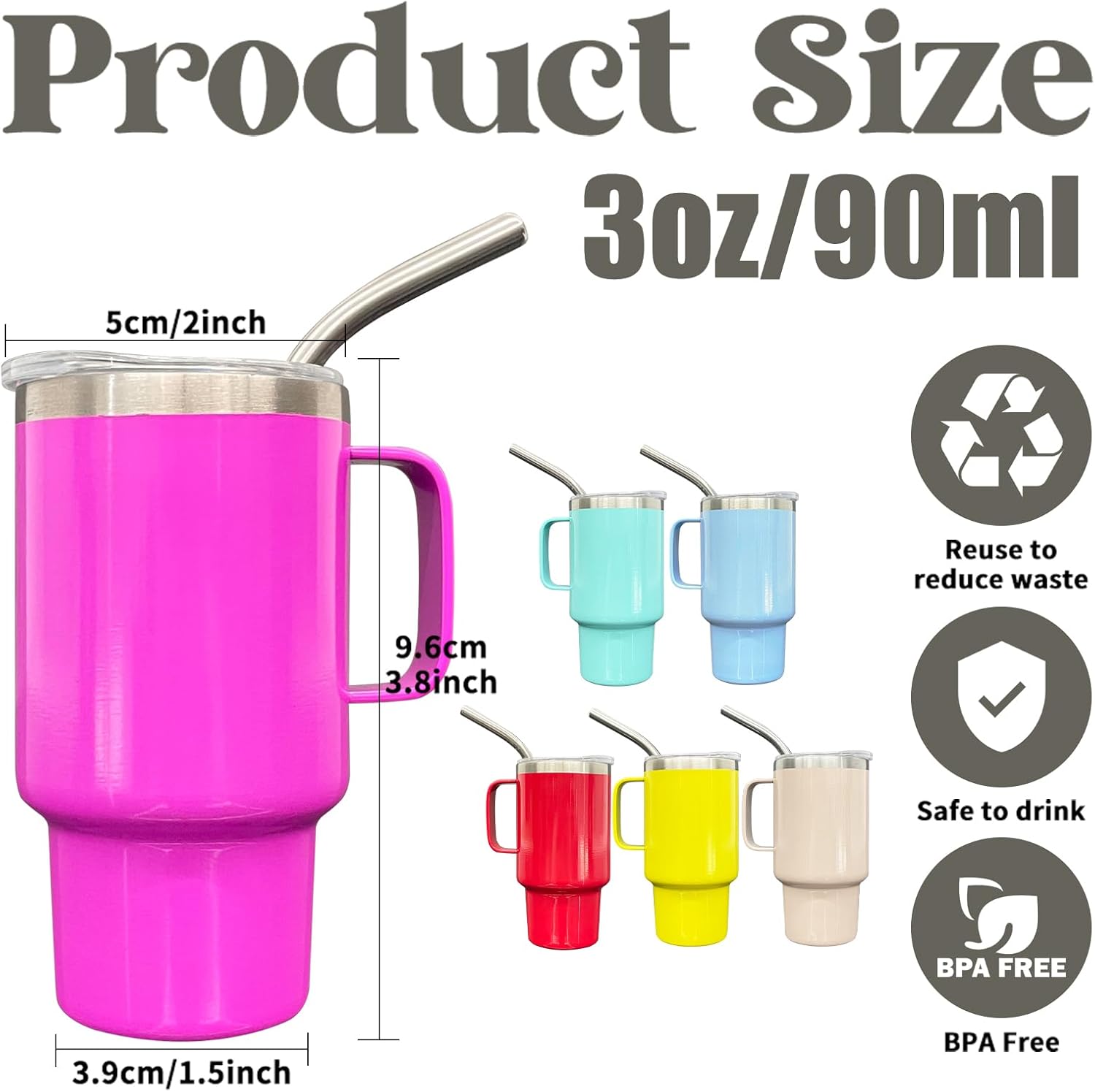 3oz Mini Tumbler Shot Glass with Straw and Lid, 6 Pack Stainless Steel Sublimation Shot Glasses with Handle for Wedding Party Whiskey Cocktail Bar（Color Mix） - Image 3