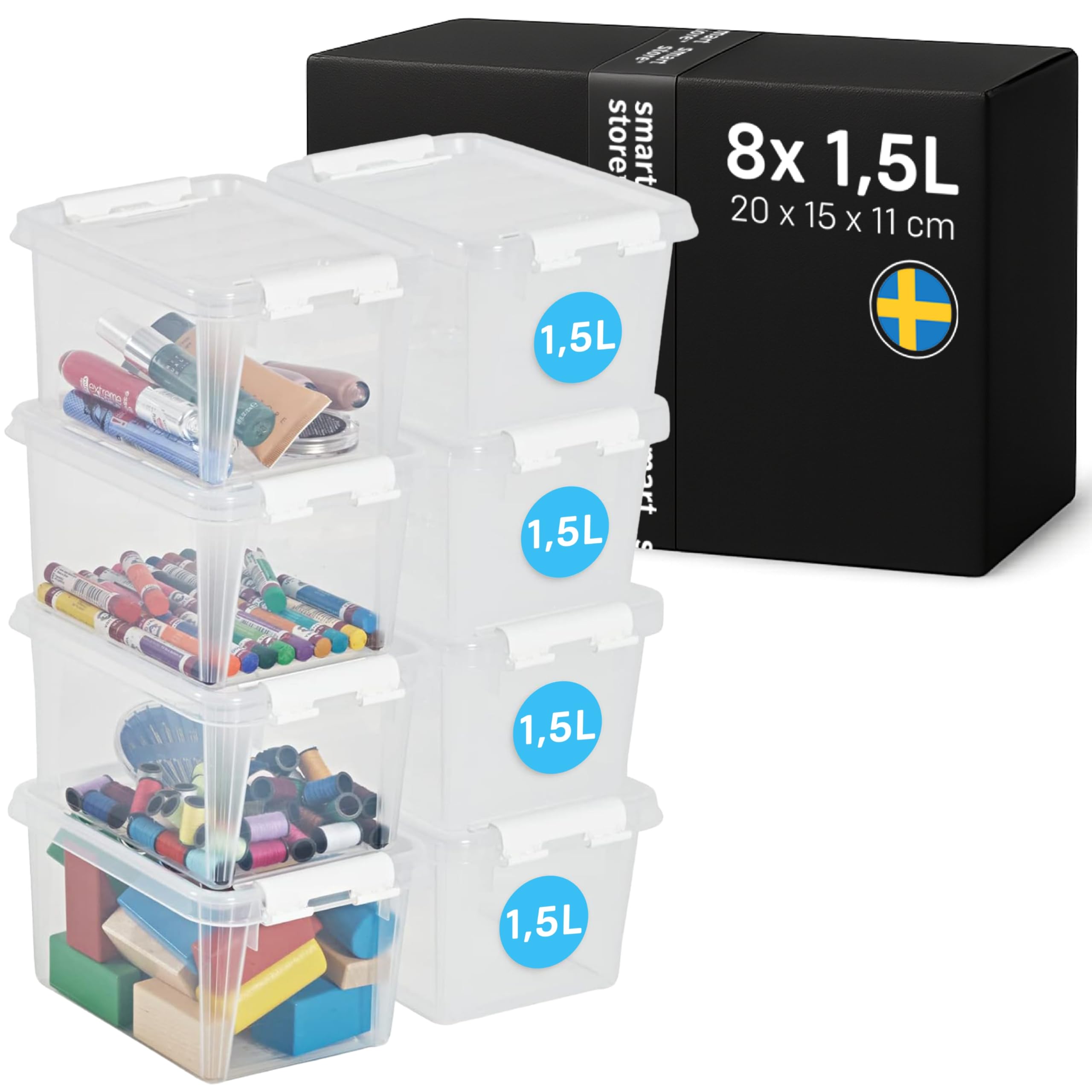 SmartStore - 8x Aufbewahrungsbox mit Deckel Classic 1,5L (20x15x11cm) | Stapelbare Box mit Deckel | Lebensmittelechte Kunststoffbox | Plastikbox mit Deckel & verstärkten Ecken | 10 Jahre Garantie