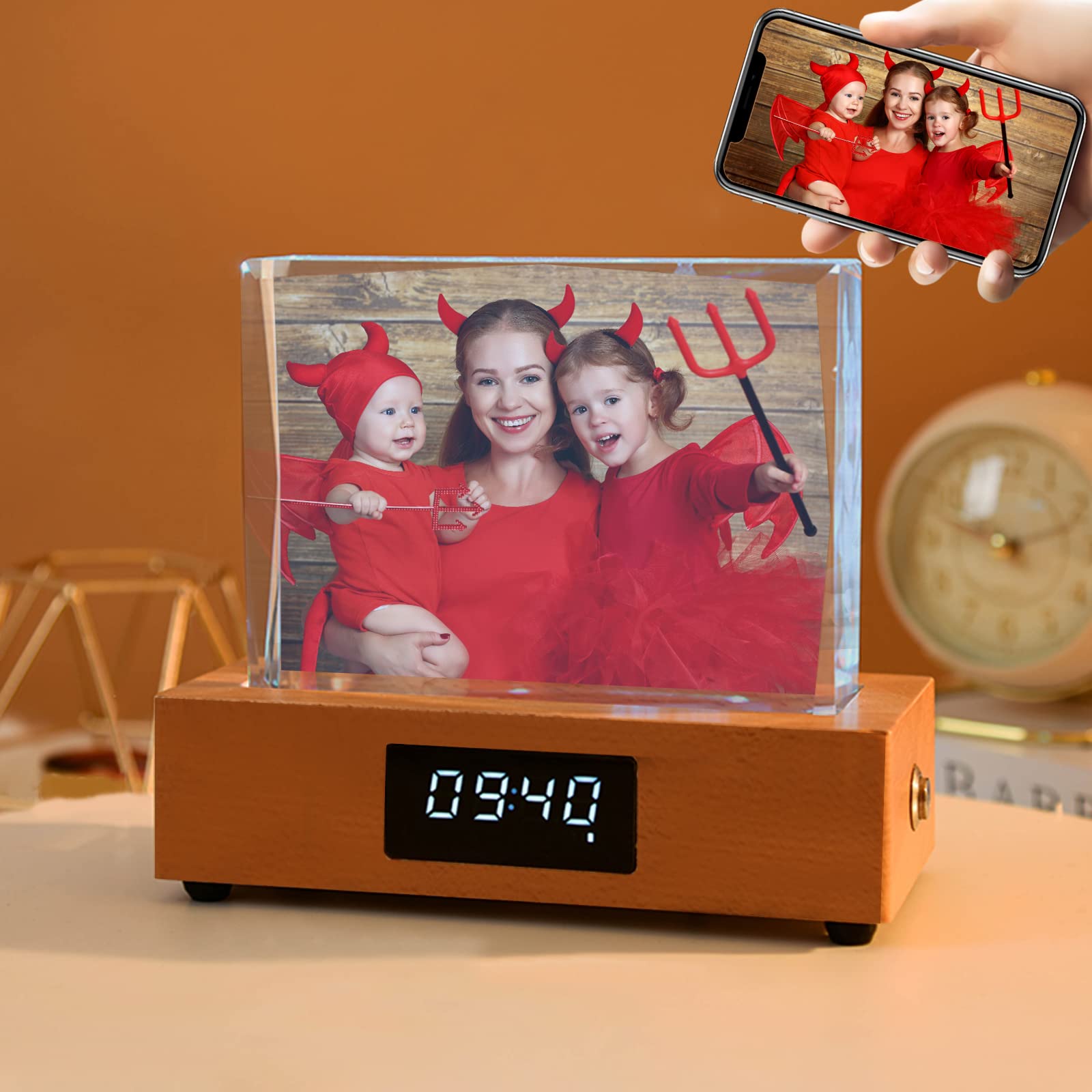 Horloge en Cristal avec Photo et Lumière de Nuit, Petite Horizontale